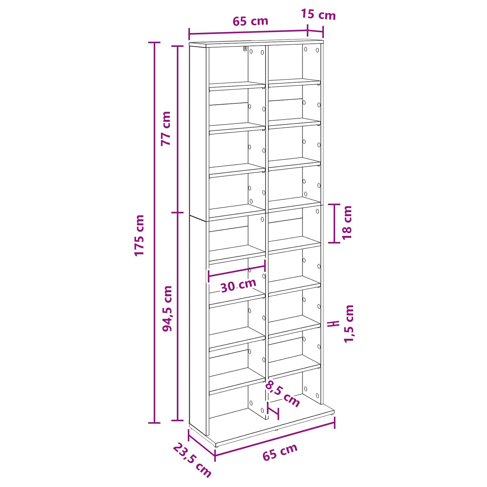 CD Regal Schwarze Eiche 65 x 23,5 x 175 cm Holzwerkstoff