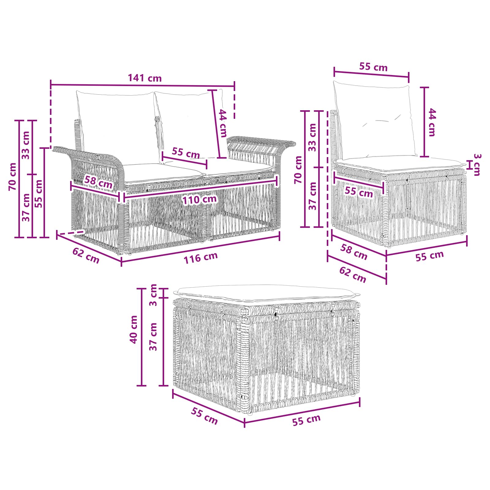 Gartensofa-set 4 stk. Grau Poly-Rattan