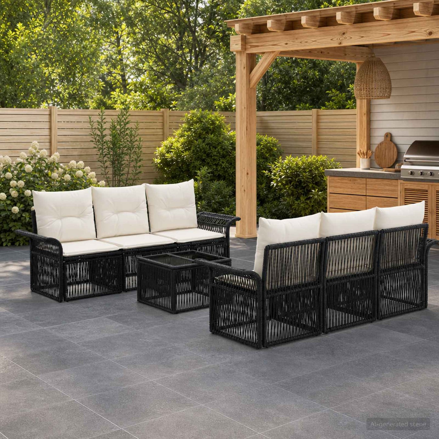 Gartensofa-set 7 stk. Schwarz Poly-Rattan