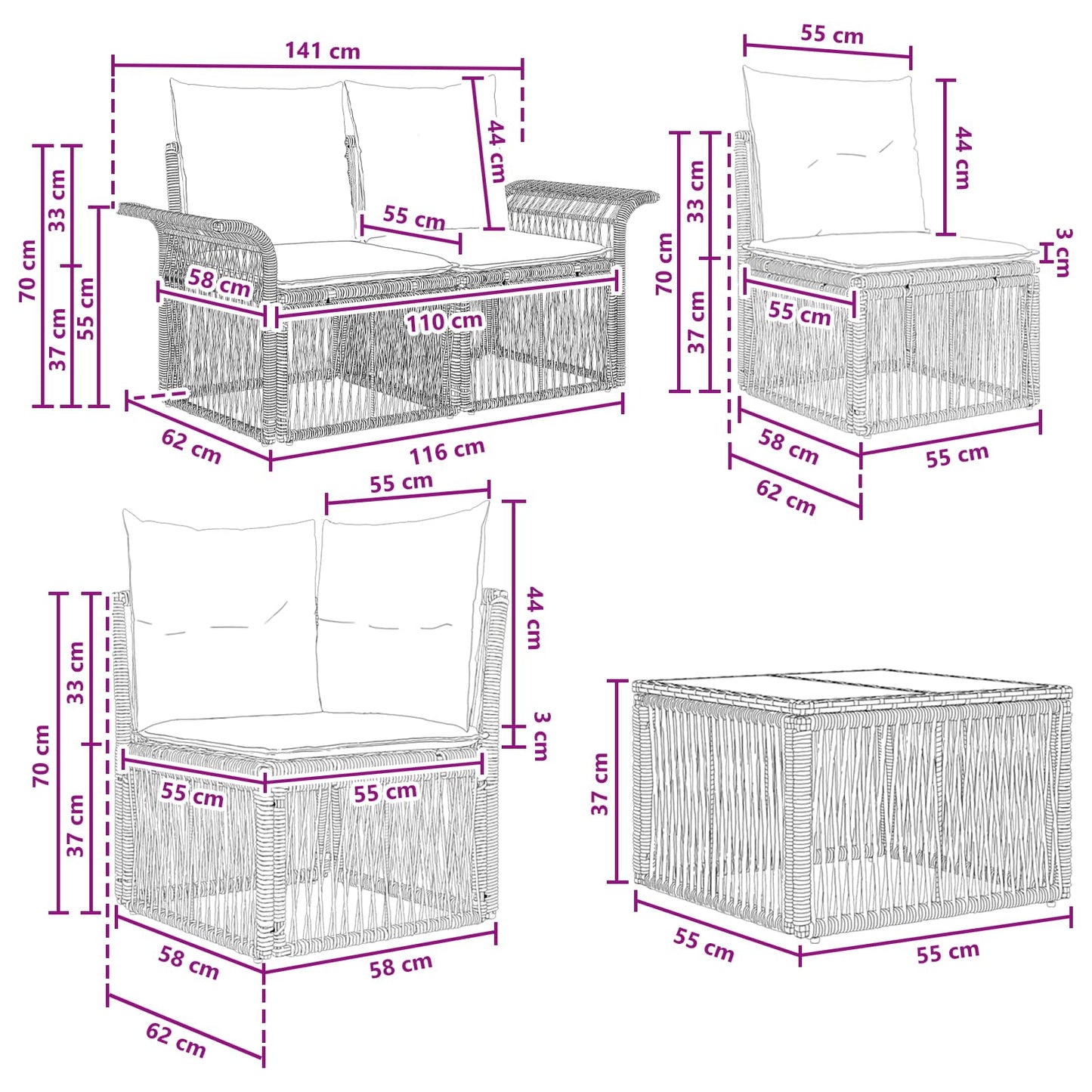 Gartensofa-set 9 stk. Schwarz Poly-Rattan