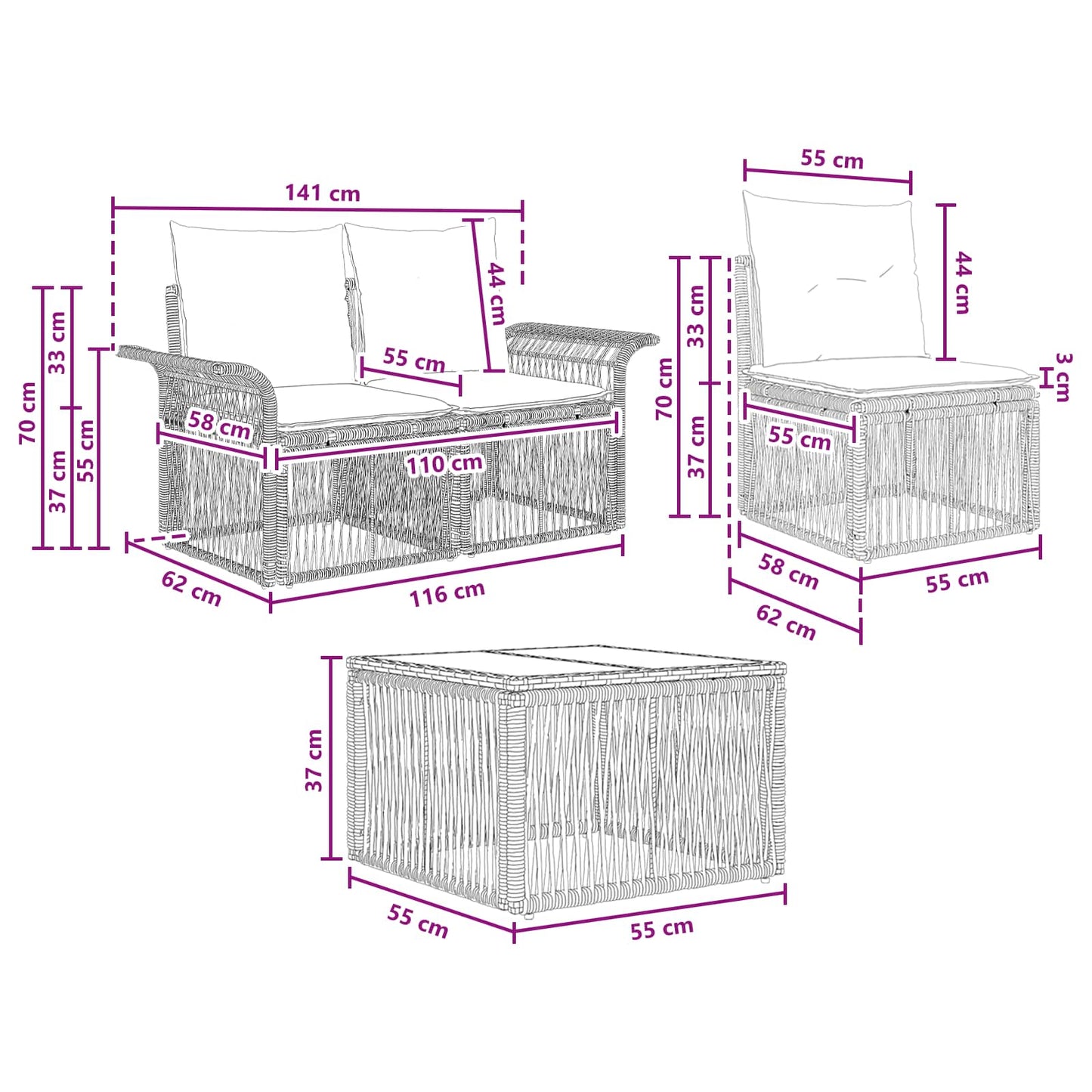 Gartensofa-set 9 stk. Schwarz Poly-Rattan