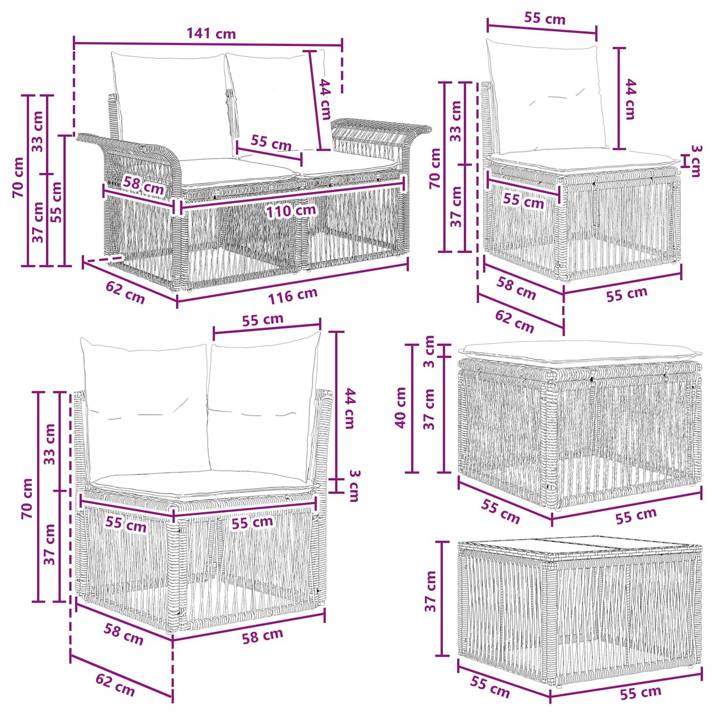 Gartensofa-set 8 stk. Schwarz Poly-Rattan
