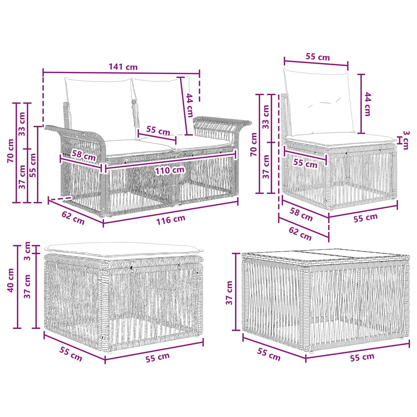 Gartensofa-set 8 stk. Schwarz Poly-Rattan