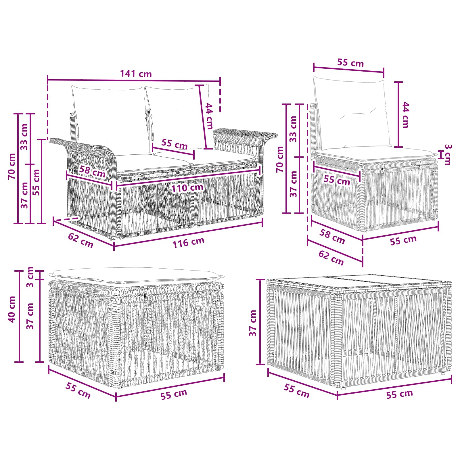 Gartensofa-set 11 stk. Grau Poly-Rattan