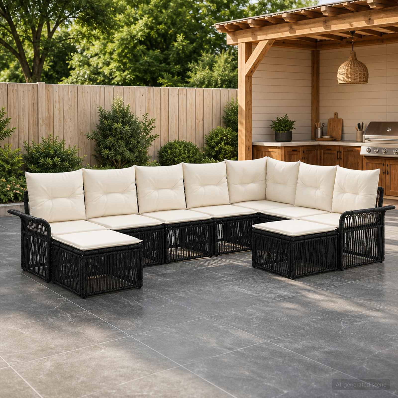 Gartensofa-set 9 stk. Schwarz und Cremeweiß Poly-Rattan