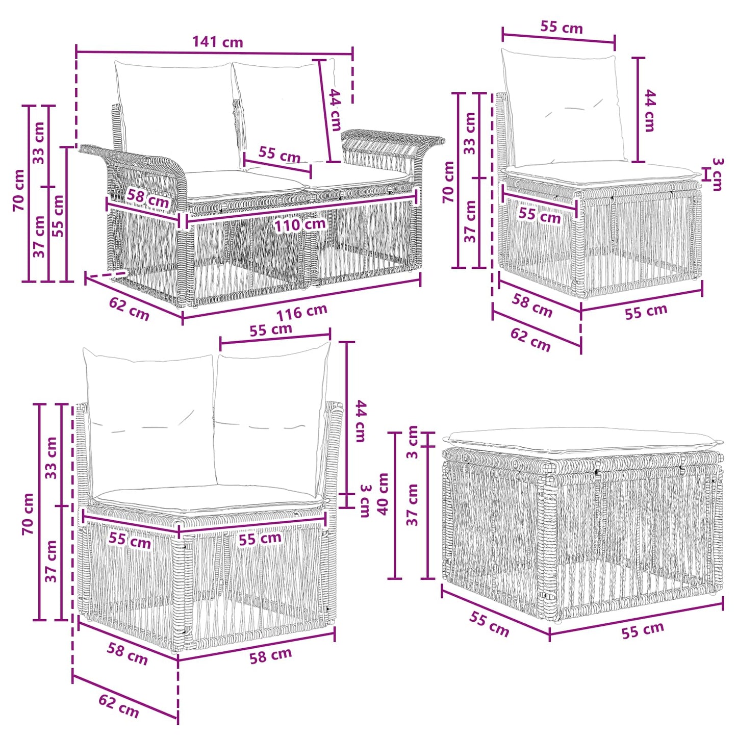 Gartensofa-set 9 stk. Schwarz und Cremeweiß Poly-Rattan