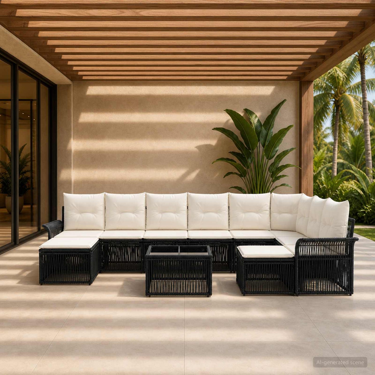 Gartensofa-set 10 pcs Schwarz und Cremeweiß Poly-Rattan