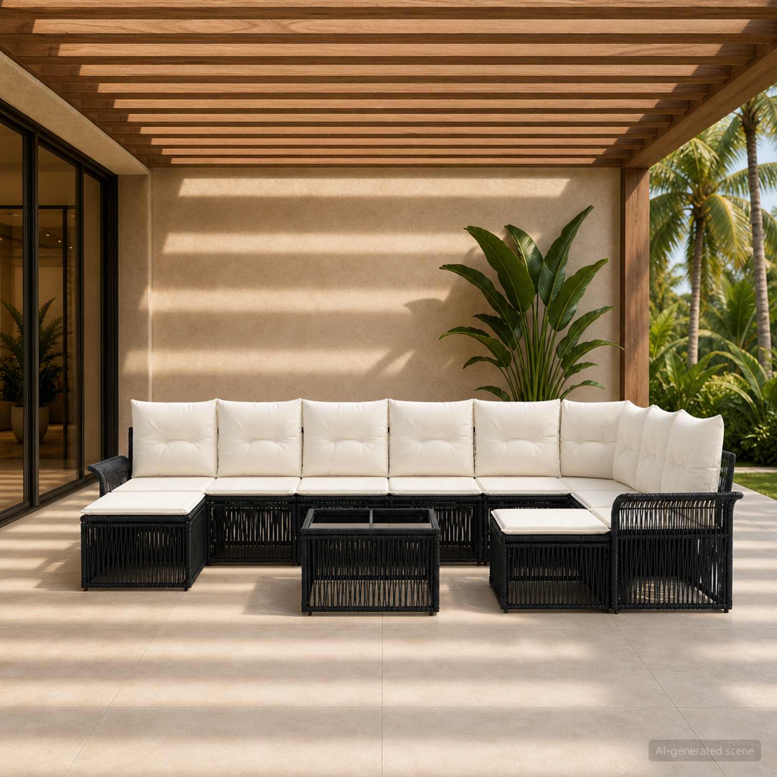 Gartensofa-set 10 pcs Schwarz und Cremeweiß Poly-Rattan