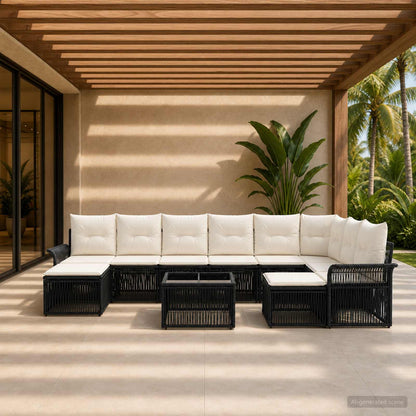 Gartensofa-set 10 stk. Schwarz und Cremeweiß Poly-Rattan