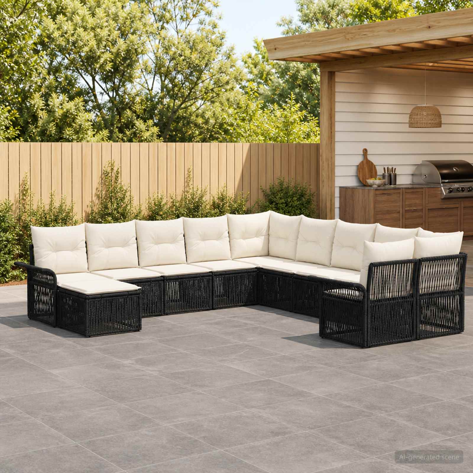 Gartensofa-set 11 stk. Schwarz und Cremeweiß Poly-Rattan
