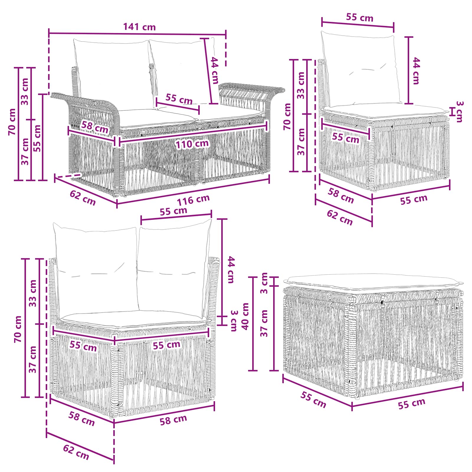Gartensofa-set 11 stk. Schwarz und Cremeweiß Poly-Rattan