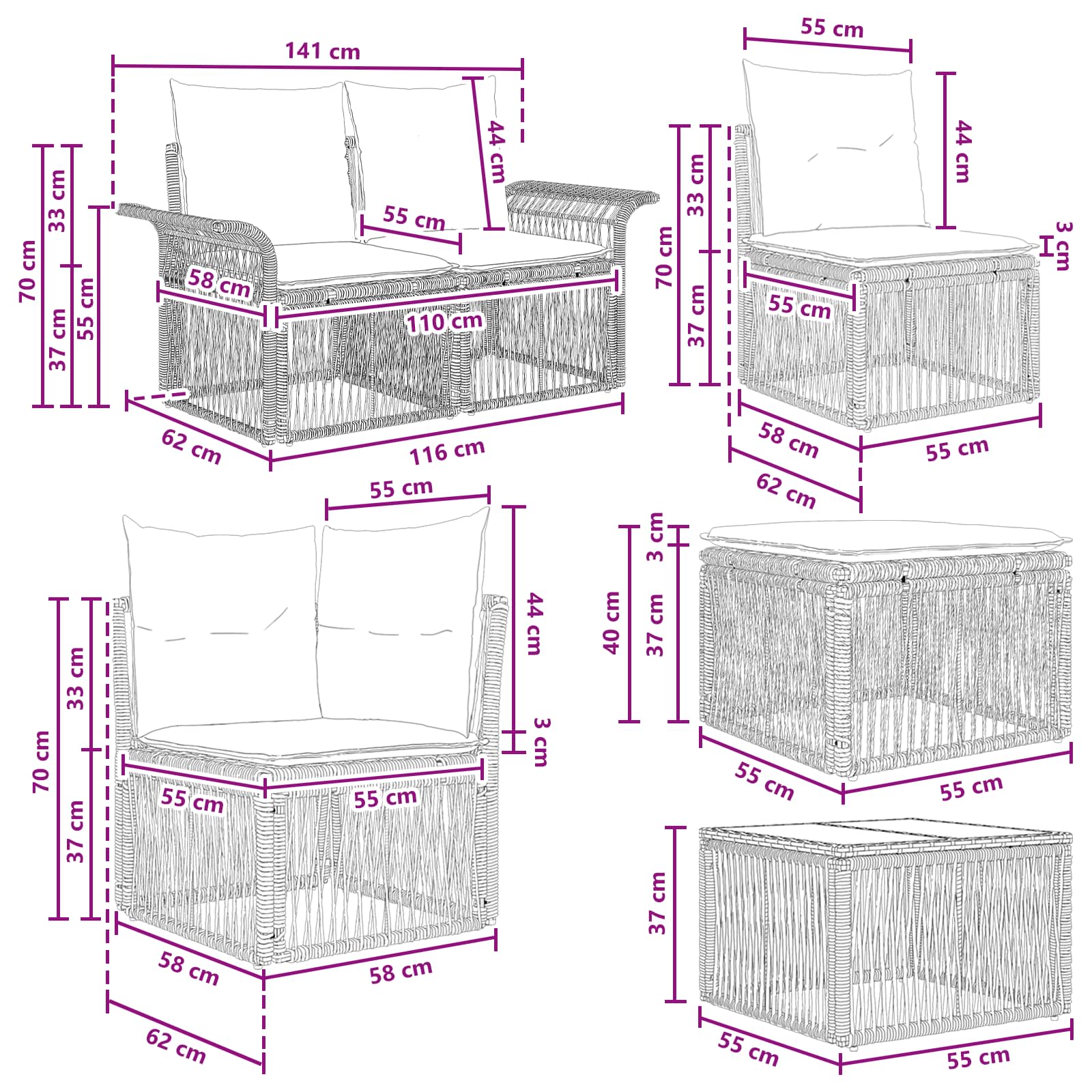 Gartensofa-set 12 stk. Schwarz und Cremeweiß Poly-Rattan