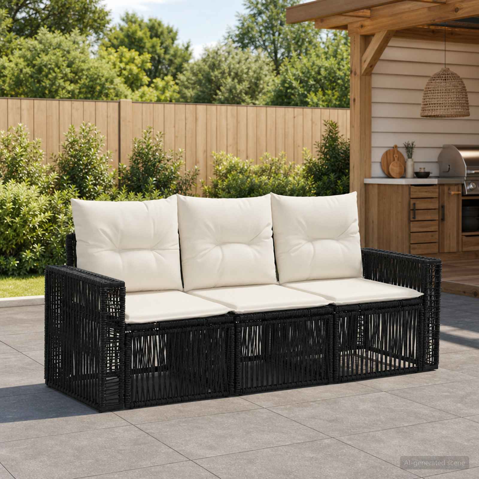 Gartensofa-set 3 stk. Schwarz und Cremeweiß Poly-Rattan
