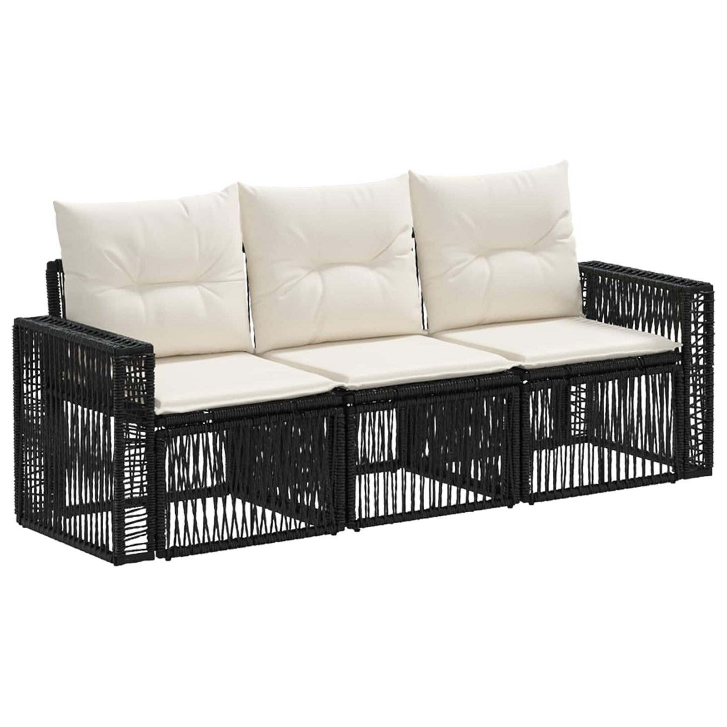 Gartensofa-set 3 stk. Schwarz und Cremeweiß Poly-Rattan