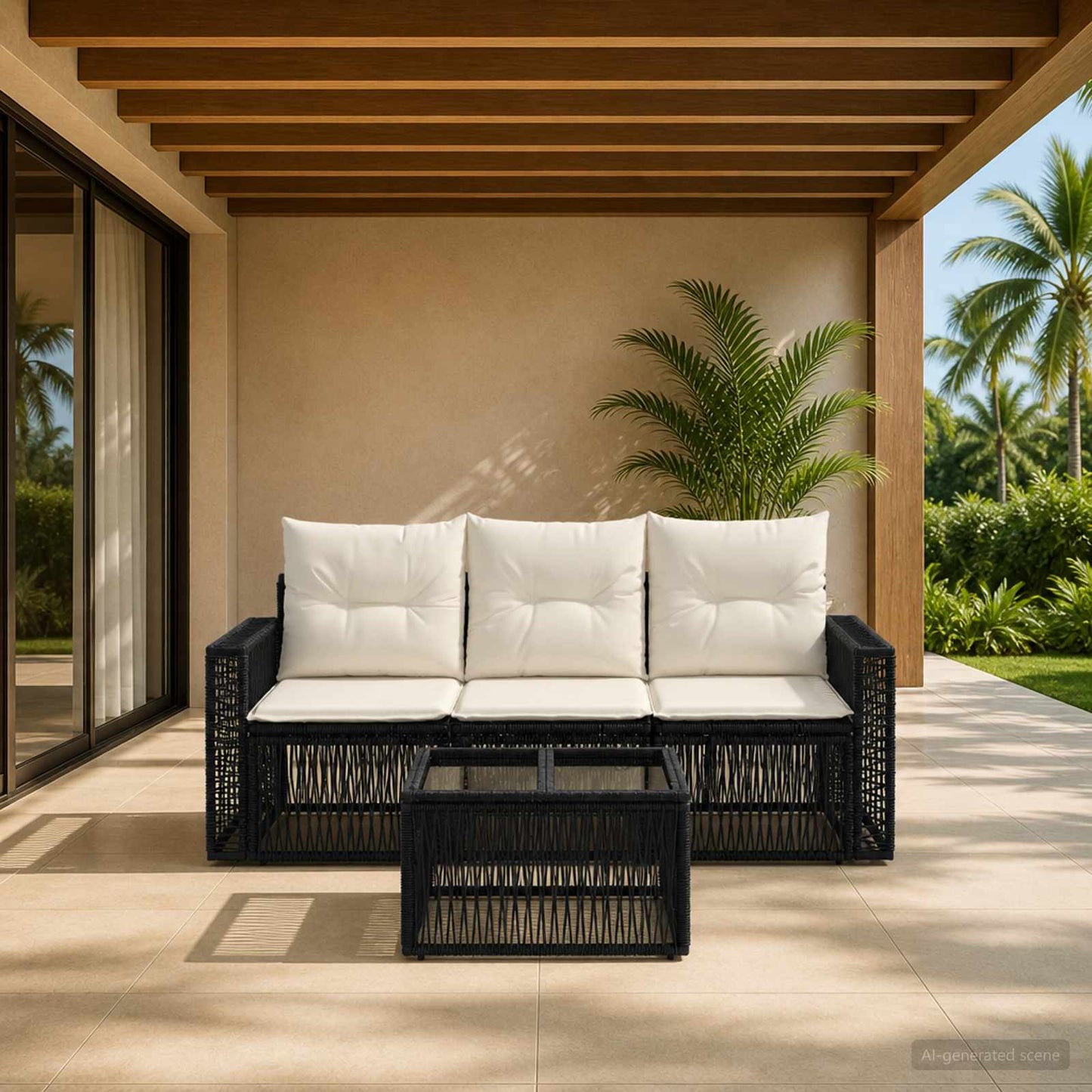 Gartensofa-set 4 stk. Schwarz und Cremeweiß Poly-Rattan