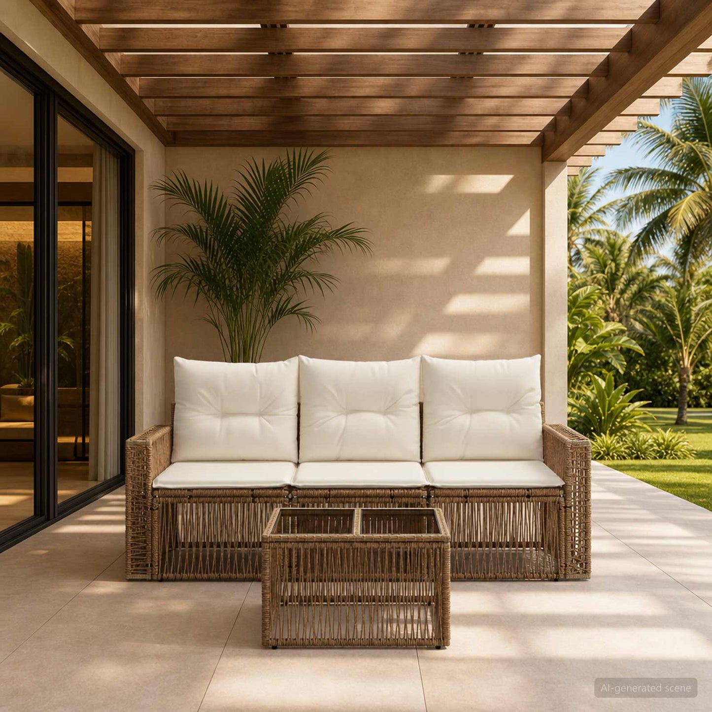 Gartensofa-set 4 pcs Beige und Cremeweiß Poly-Rattan