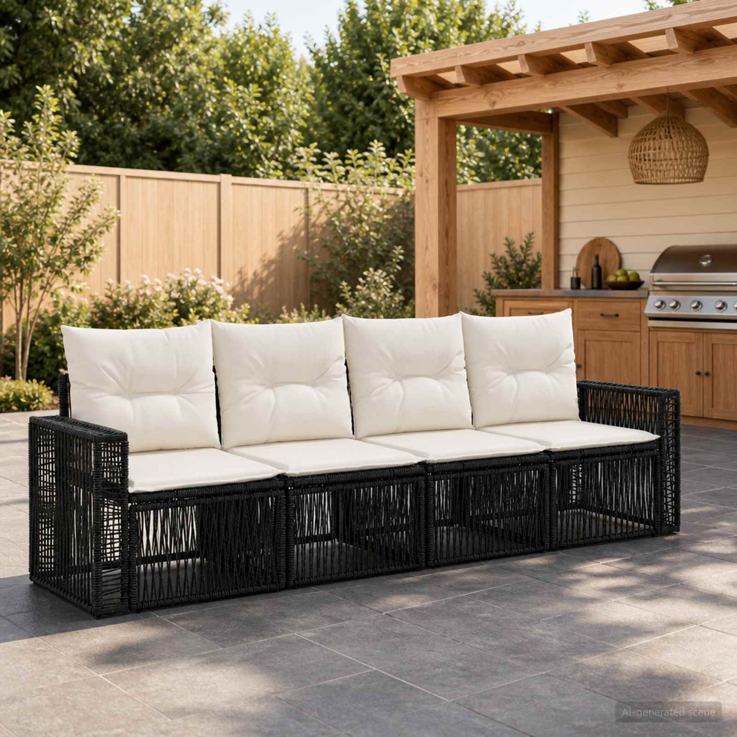 Gartensofa-set 4 stk. Schwarz und Cremeweiß Poly-Rattan