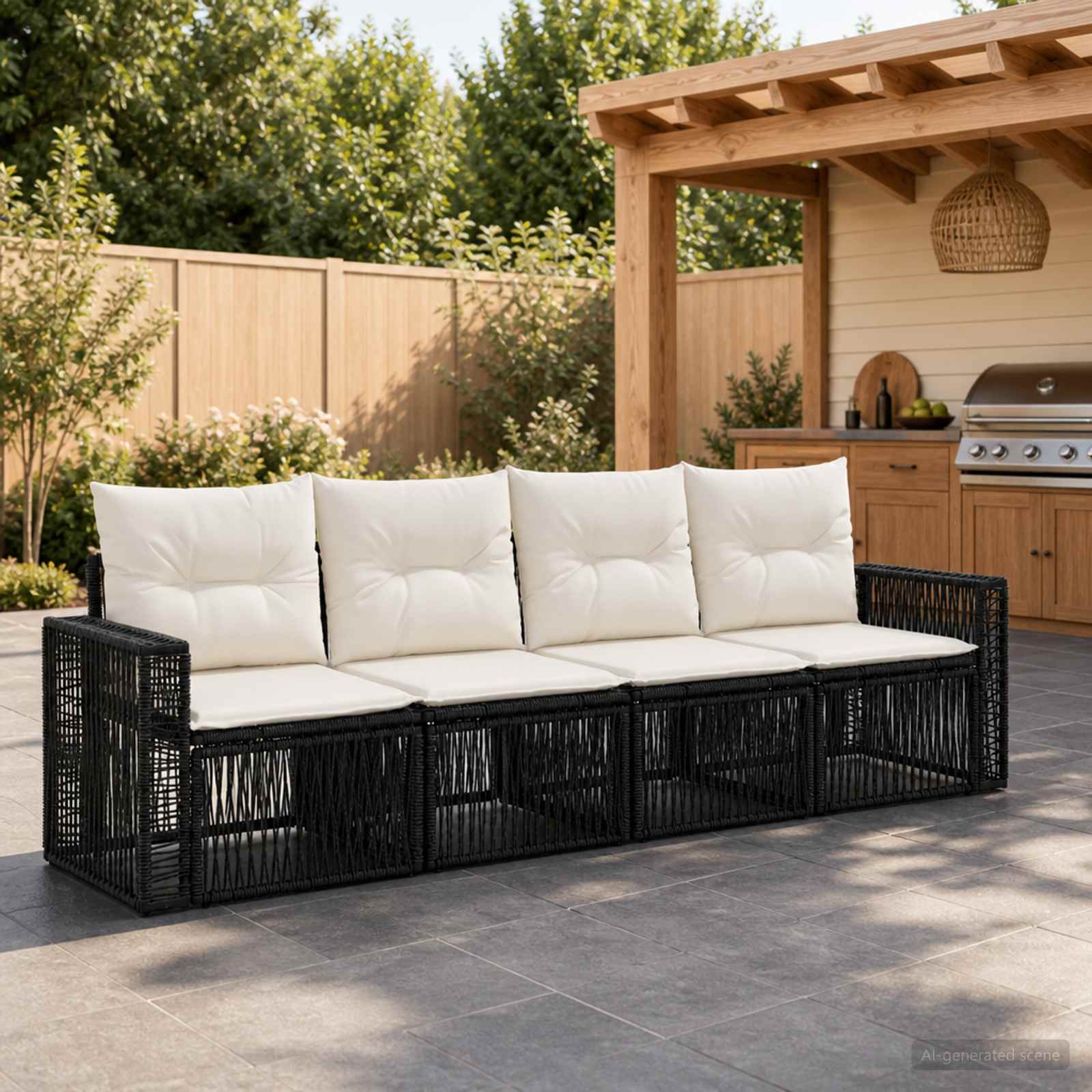 Gartensofa-set 4 stk. Schwarz und Cremeweiß Poly-Rattan