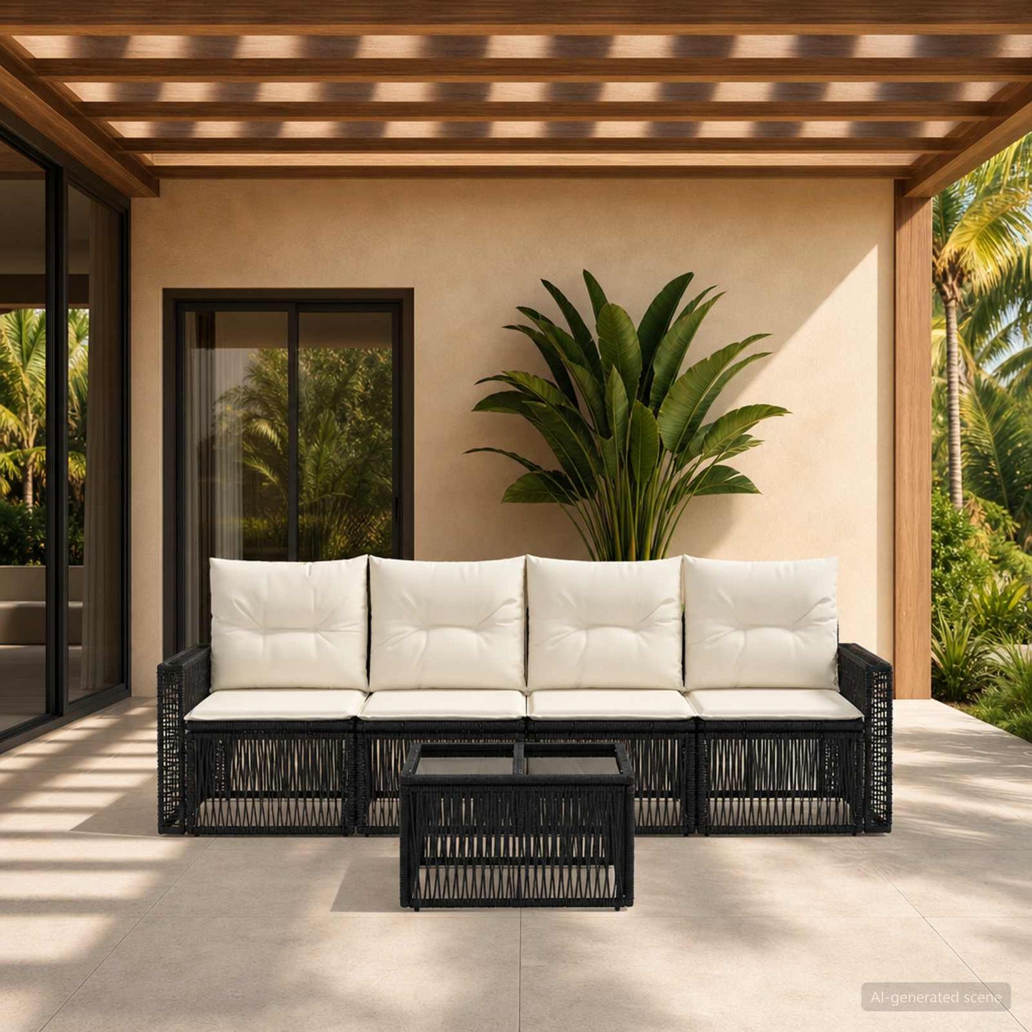 Gartensofa-set 5 stk. Schwarz und Cremeweiß Poly-Rattan