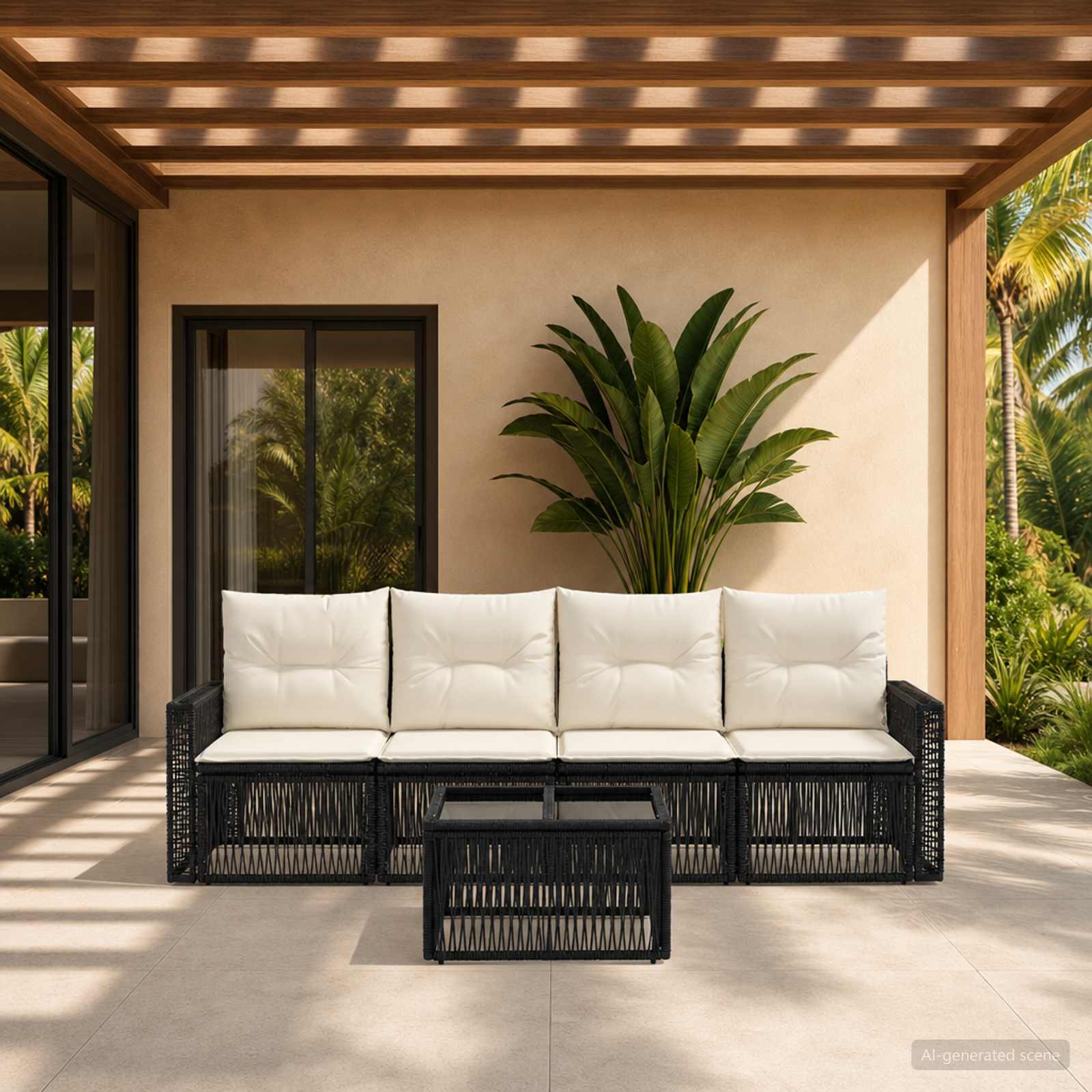 Gartensofa-set 5 stk. Schwarz und Cremeweiß Poly-Rattan