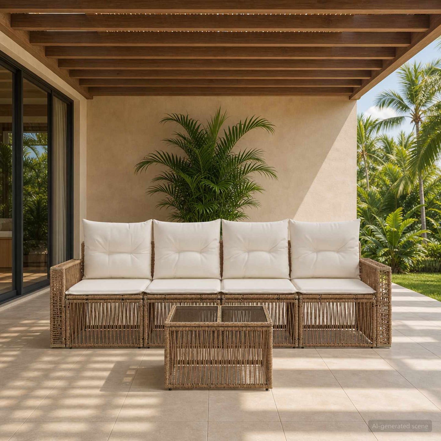 Gartensofa-set 5 pcs Beige und Cremeweiß Poly-Rattan