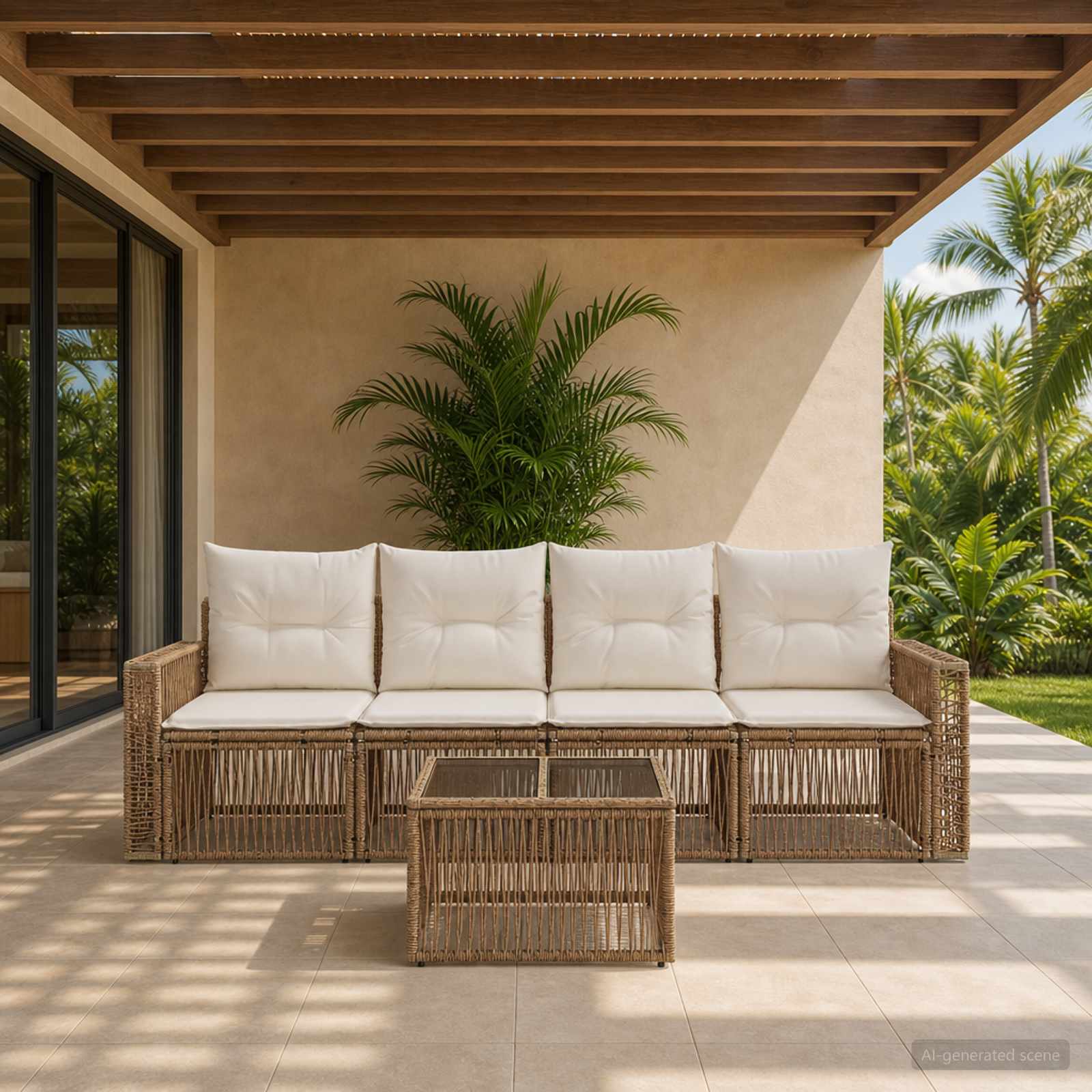 Gartensofa-set 5 pcs Beige und Cremeweiß Poly-Rattan