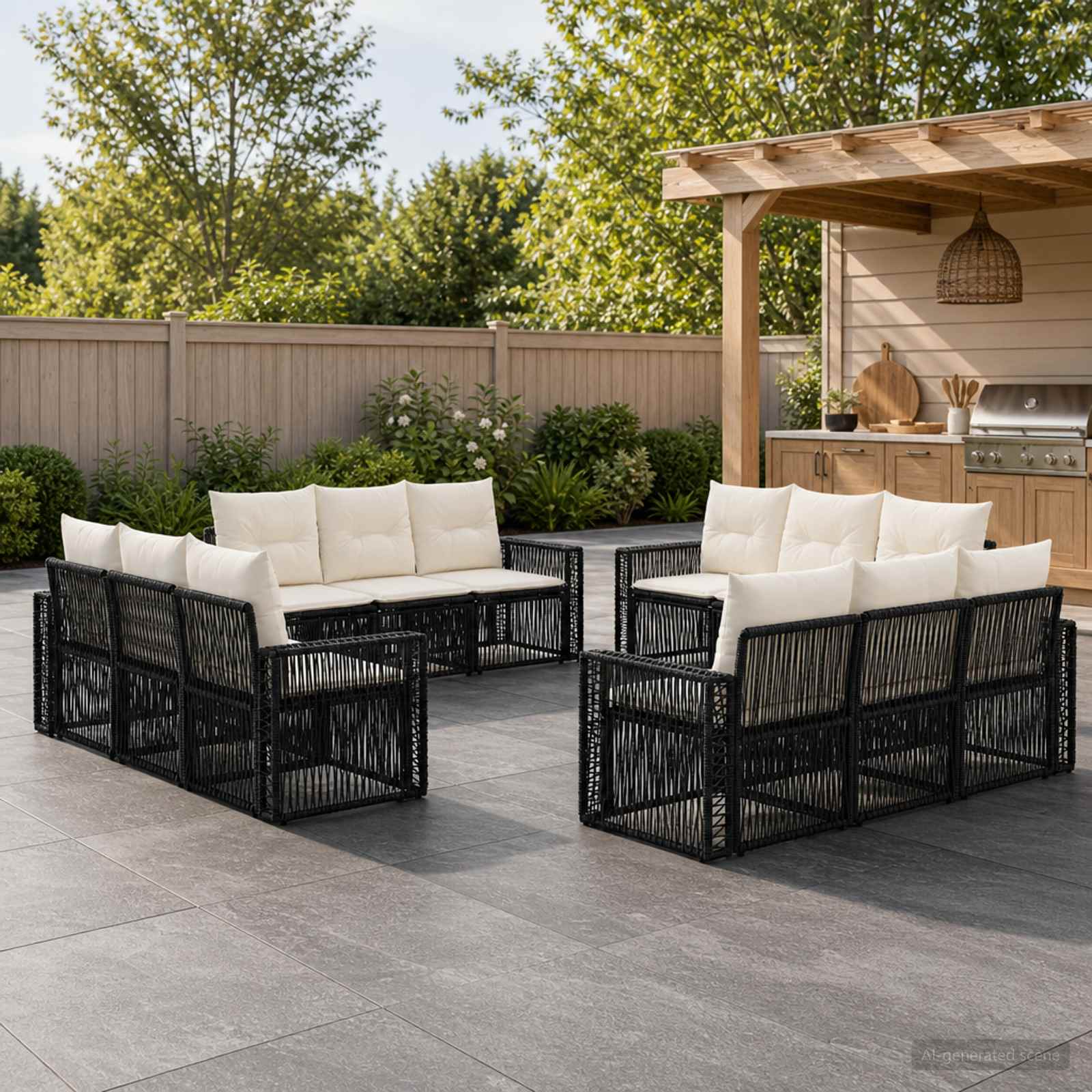 Gartensofa-set 12 stk. Schwarz und Cremeweiß Poly-Rattan