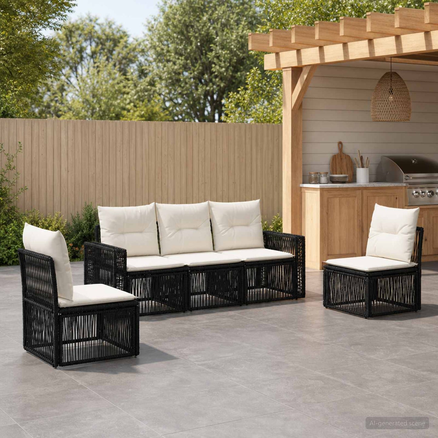 Gartensofa-set 5 pcs Schwarz und Cremeweiß Poly-Rattan