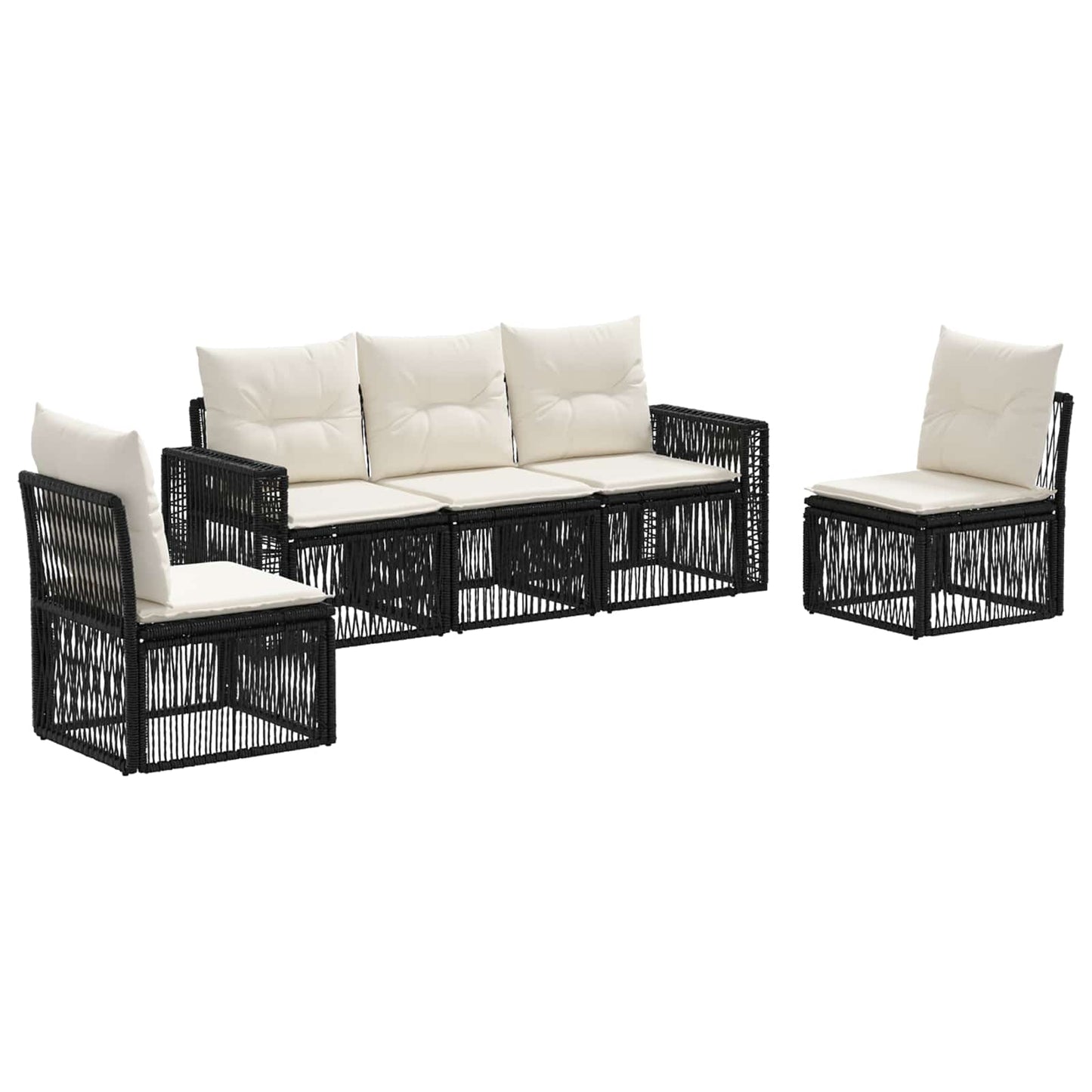 Gartensofa-set 5 pcs Schwarz und Cremeweiß Poly-Rattan