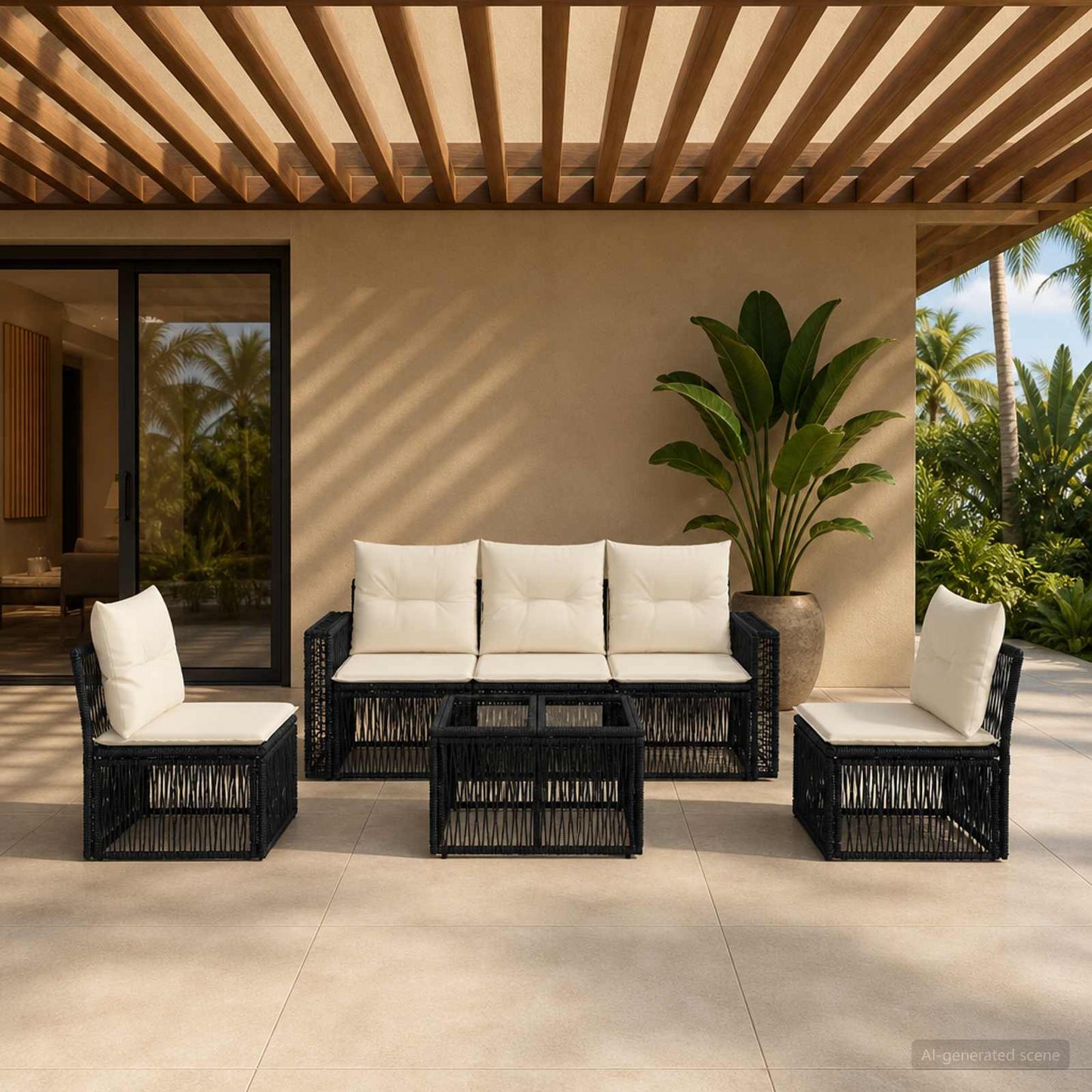 Gartensofa-set 6 stk. Schwarz und Cremeweiß Poly-Rattan