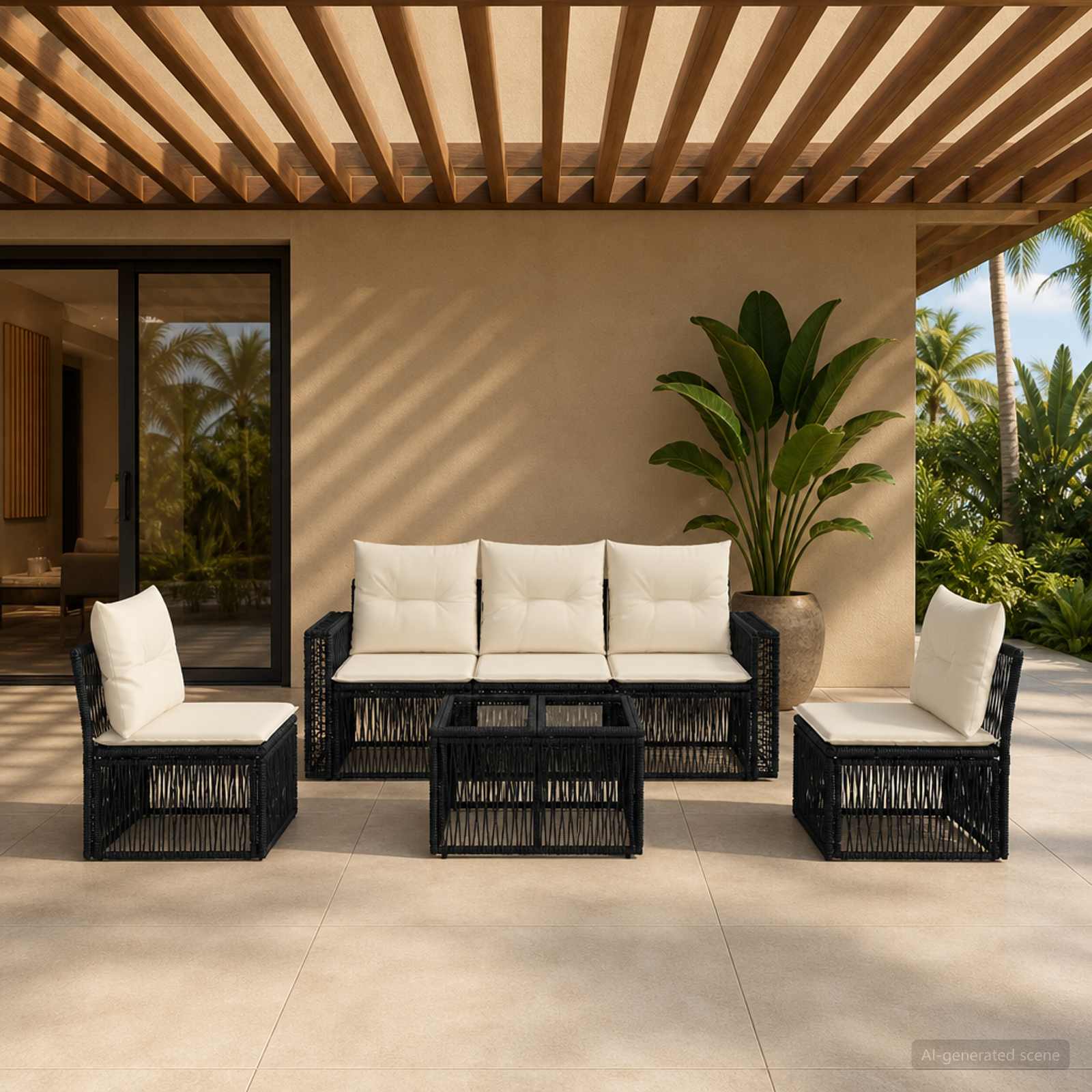 Gartensofa-set 6 stk. Schwarz und Cremeweiß Poly-Rattan