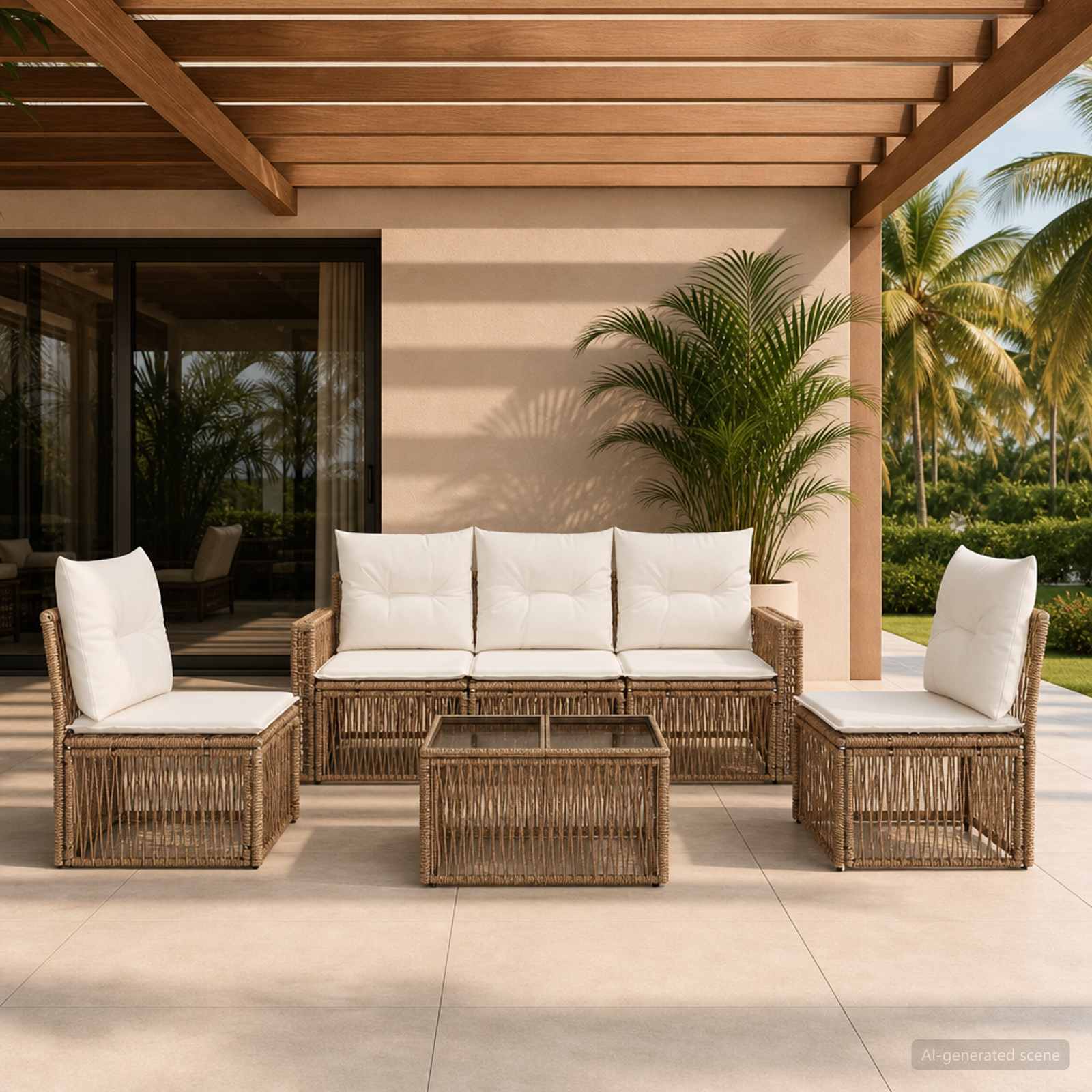 Gartensofa-set 6 pcs Beige und Cremeweiß Poly-Rattan