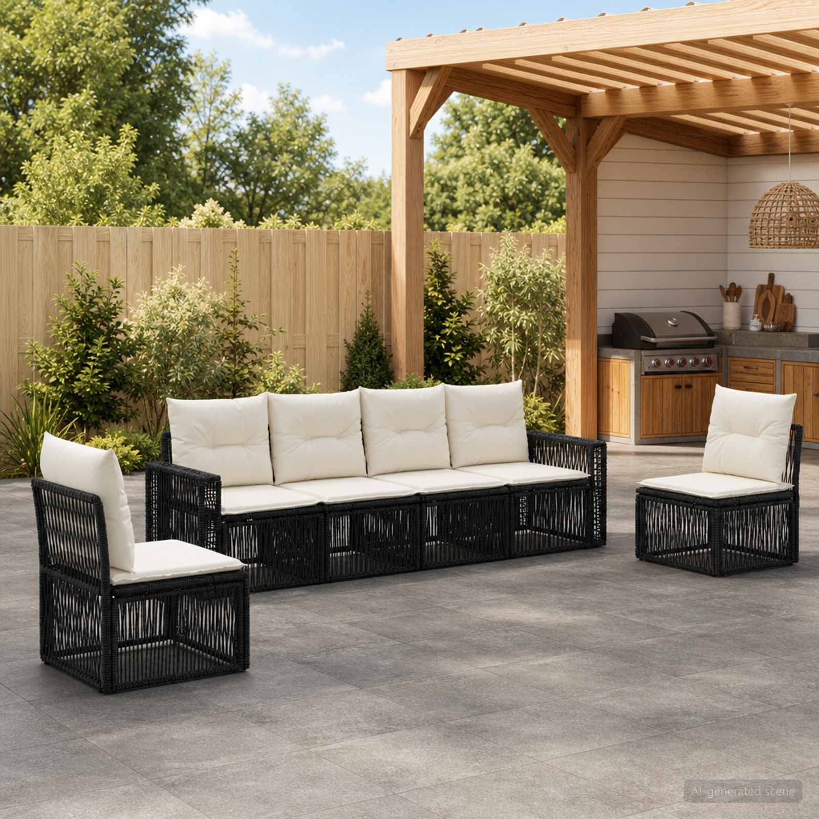 Gartensofa-set 6 pcs Schwarz und Cremeweiß Poly-Rattan