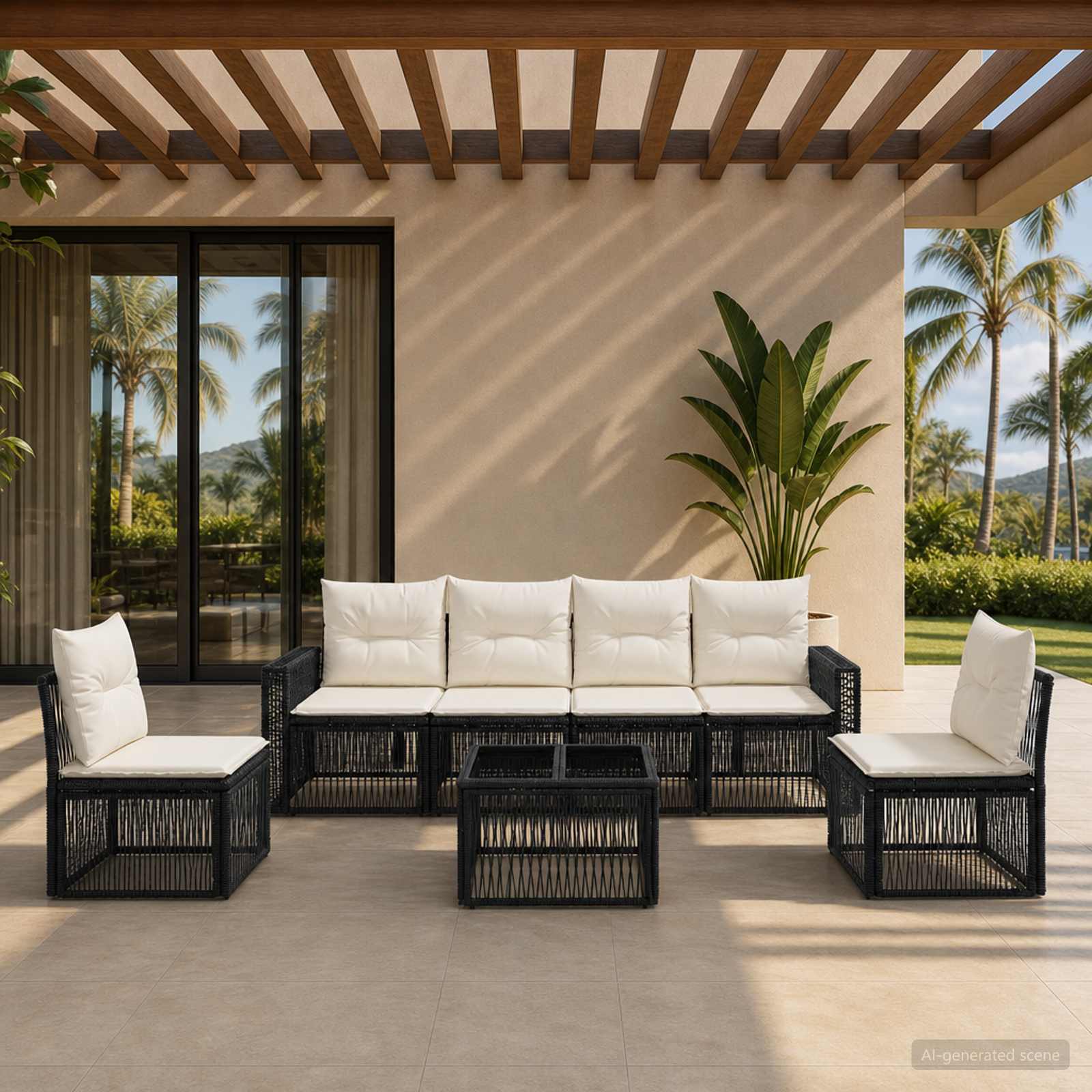 Gartensofa-set 7 stk. Schwarz und Cremeweiß Poly-Rattan