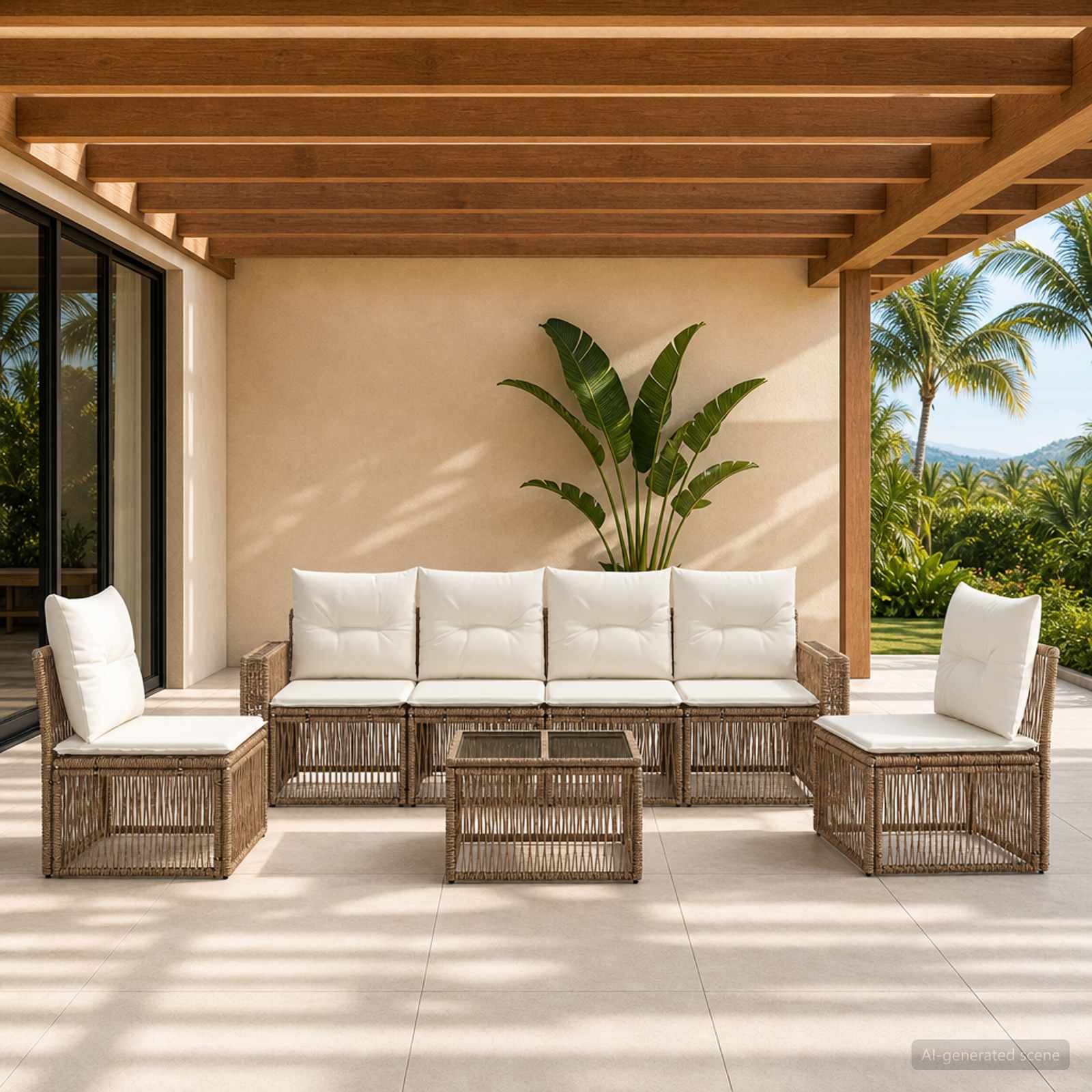 Gartensofa-set 7 pcs Beige und Cremeweiß Poly-Rattan