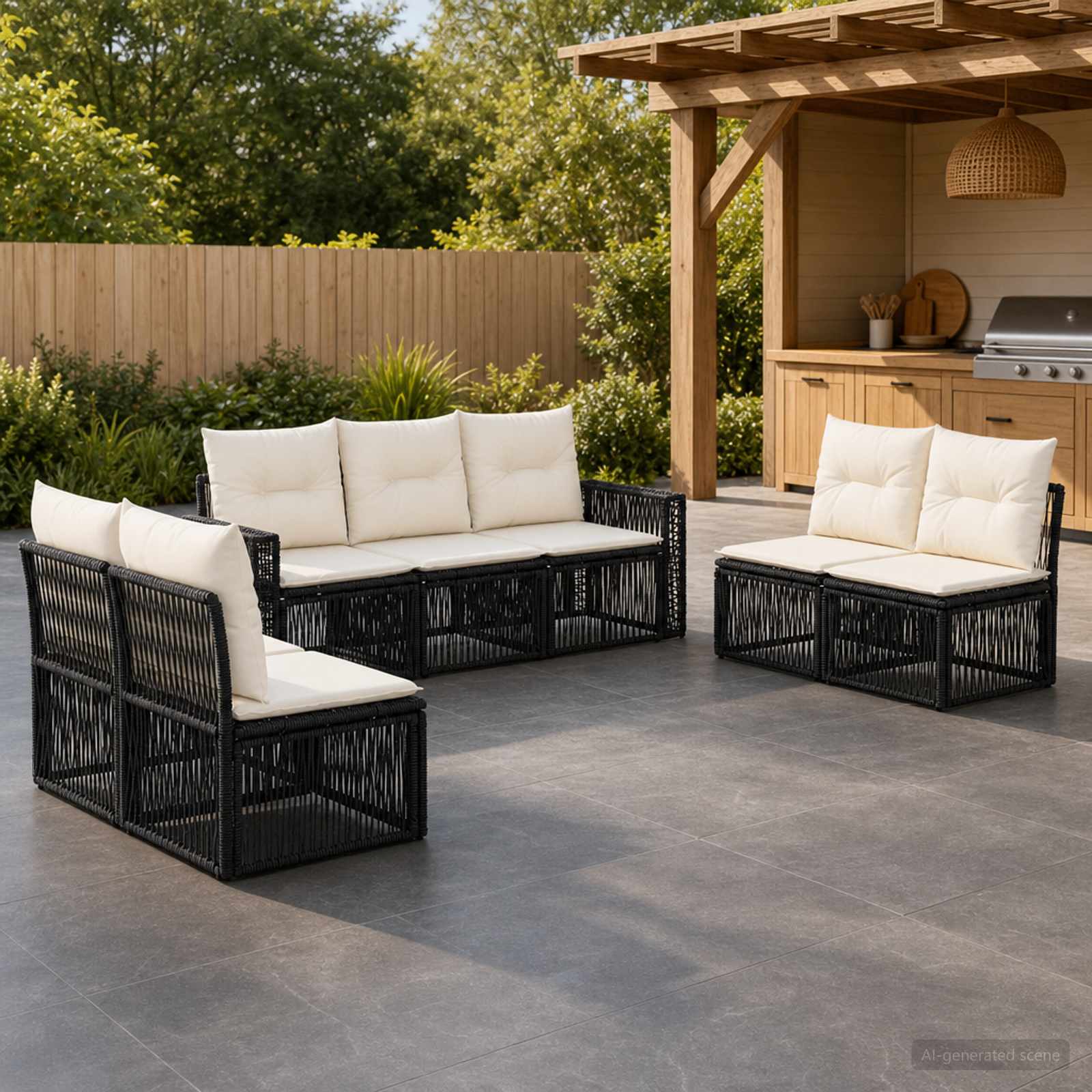 Gartensofa-set 7 pcs Schwarz und Cremeweiß Poly-Rattan