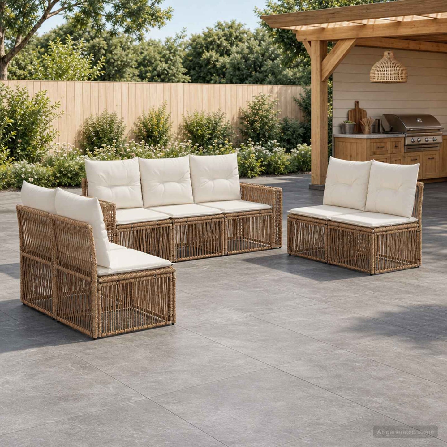Gartensofa-set 7 pcs Beige und Cremeweiß Poly-Rattan