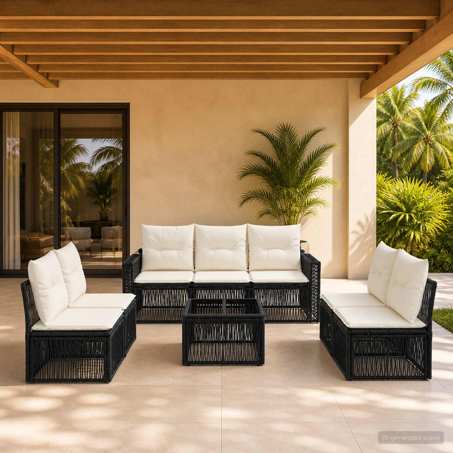 Gartensofa-set 8 stk. Schwarz und Cremeweiß Poly-Rattan