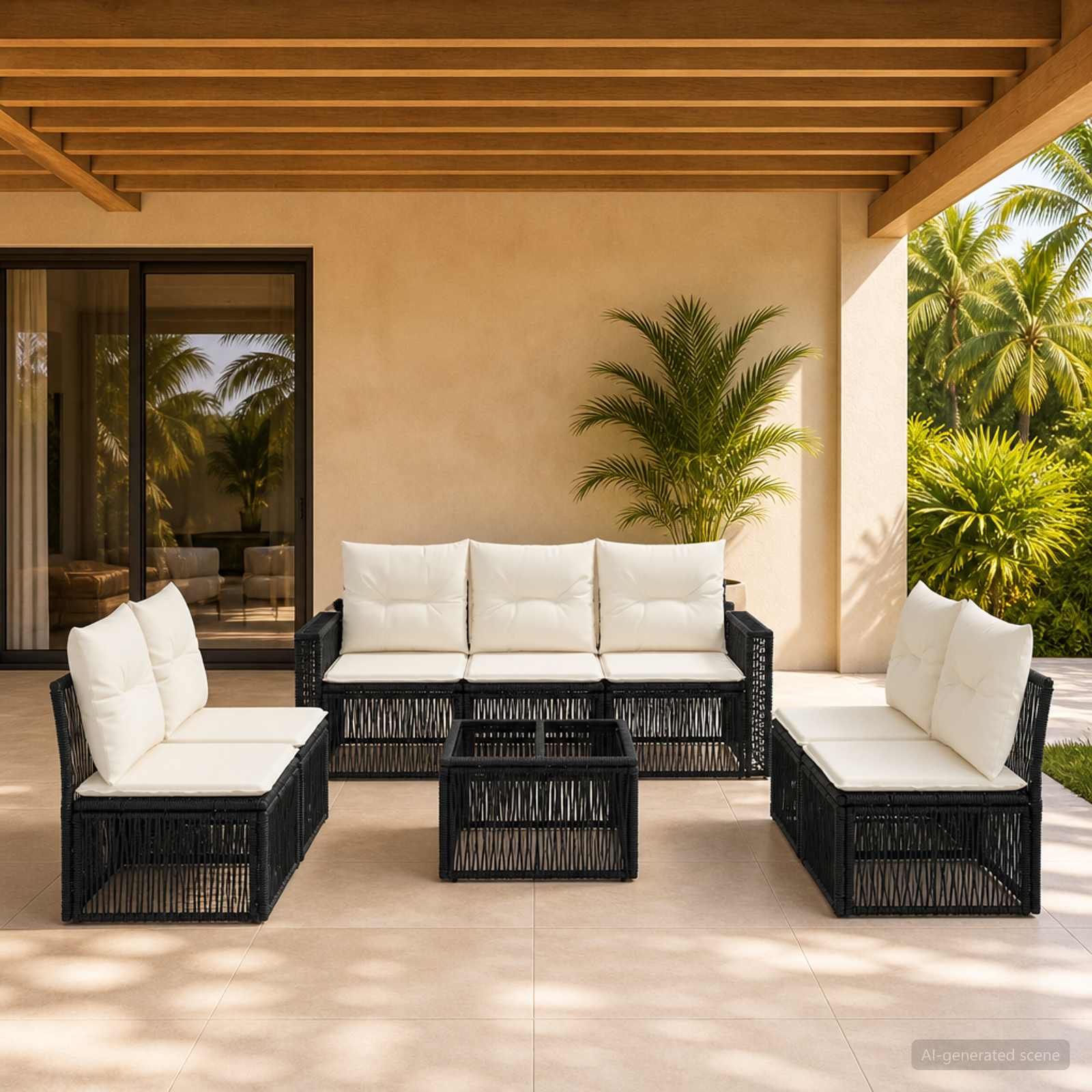 Gartensofa-set 8 stk. Schwarz und Cremeweiß Poly-Rattan