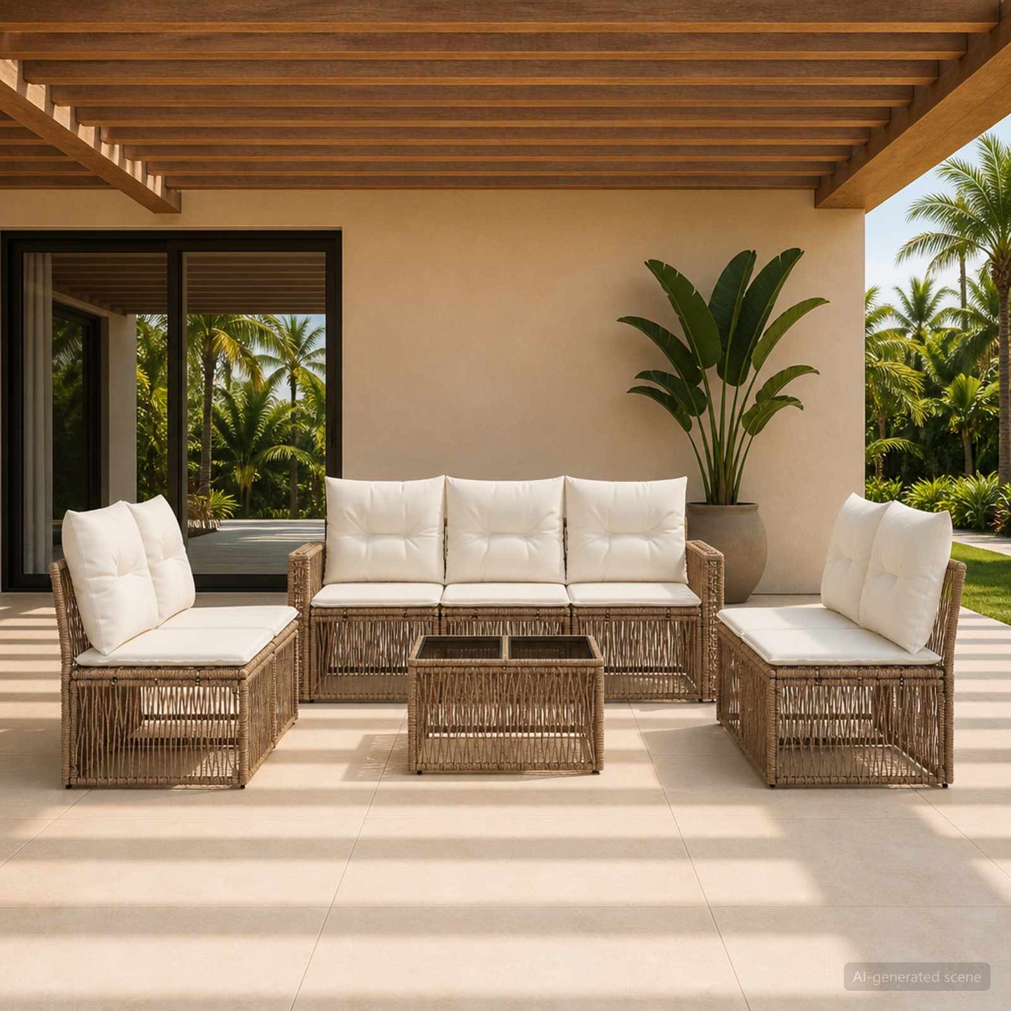 Gartensofa-set 8 pcs Beige und Cremeweiß Poly-Rattan