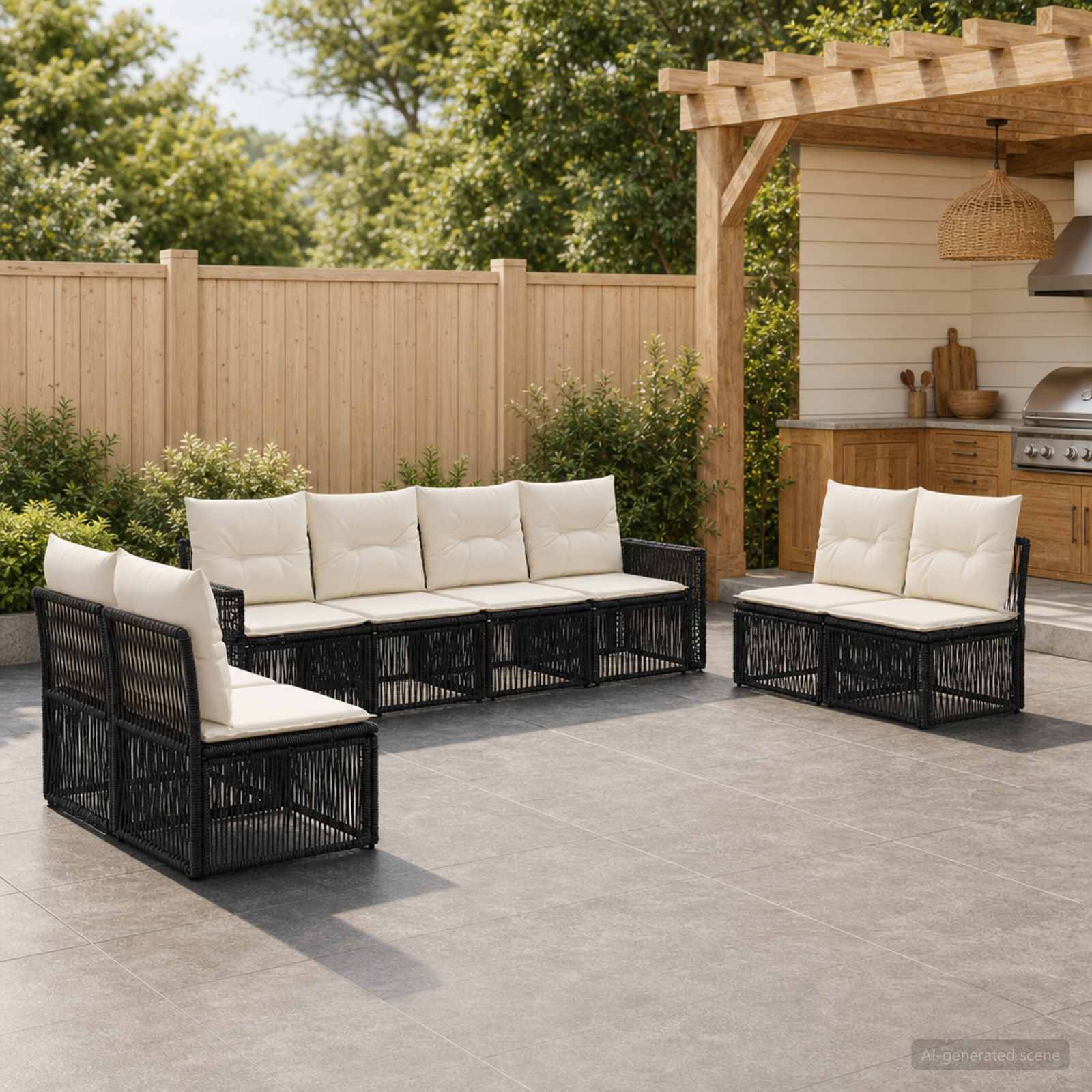 Gartensofa-set 8 pcs Schwarz und Cremeweiß Poly-Rattan