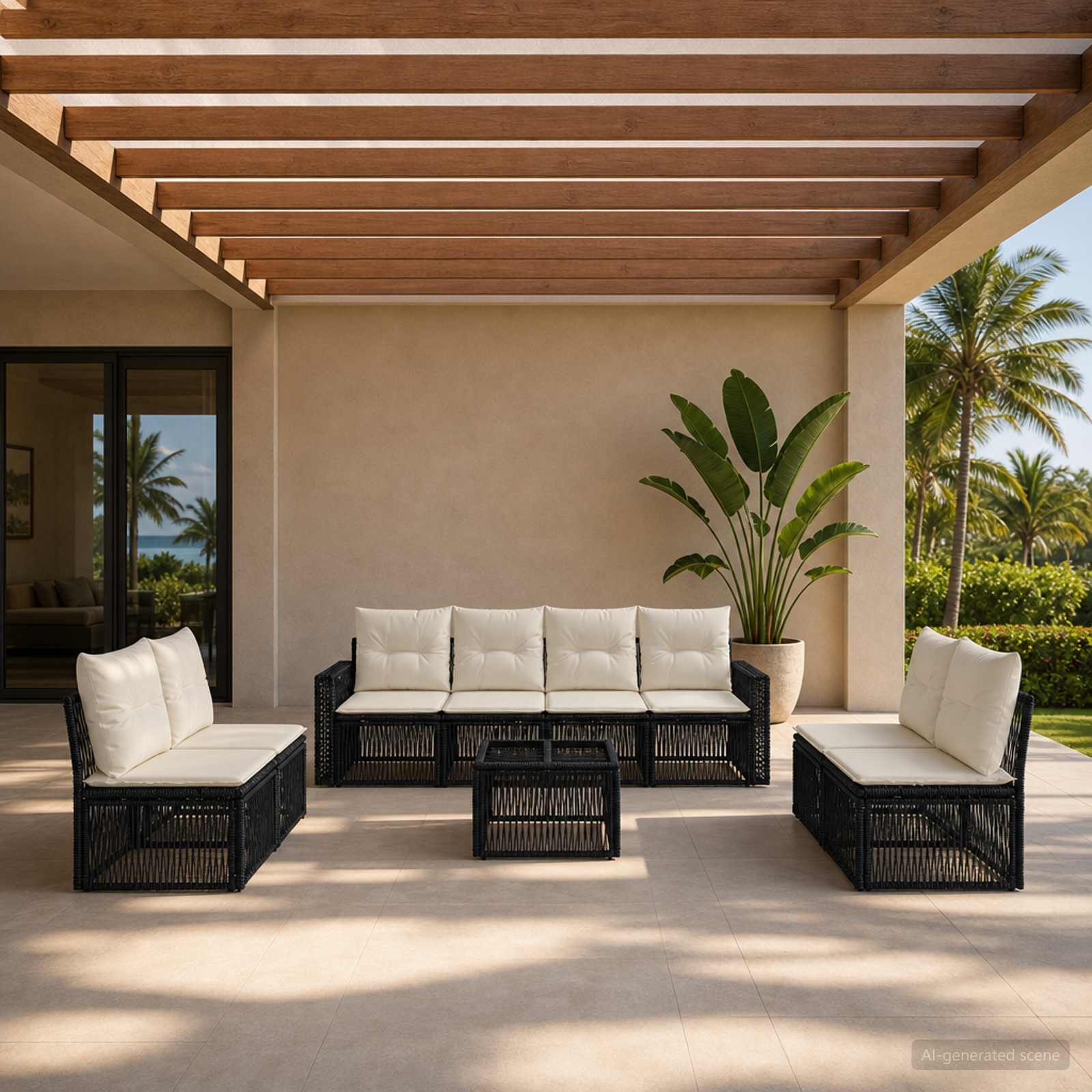 Gartensofa-set 9 stk. Schwarz und Cremeweiß Poly-Rattan