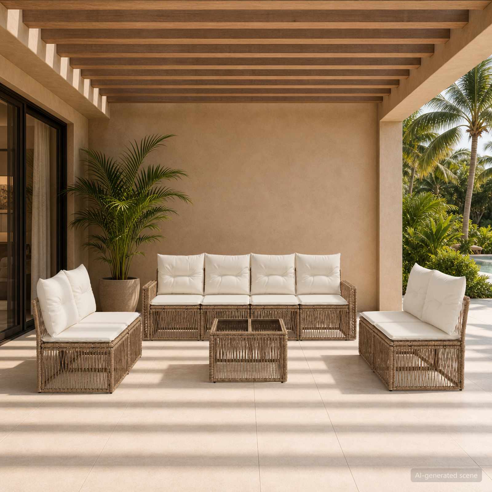 Gartensofa-set 9 pcs Beige und Cremeweiß Poly-Rattan