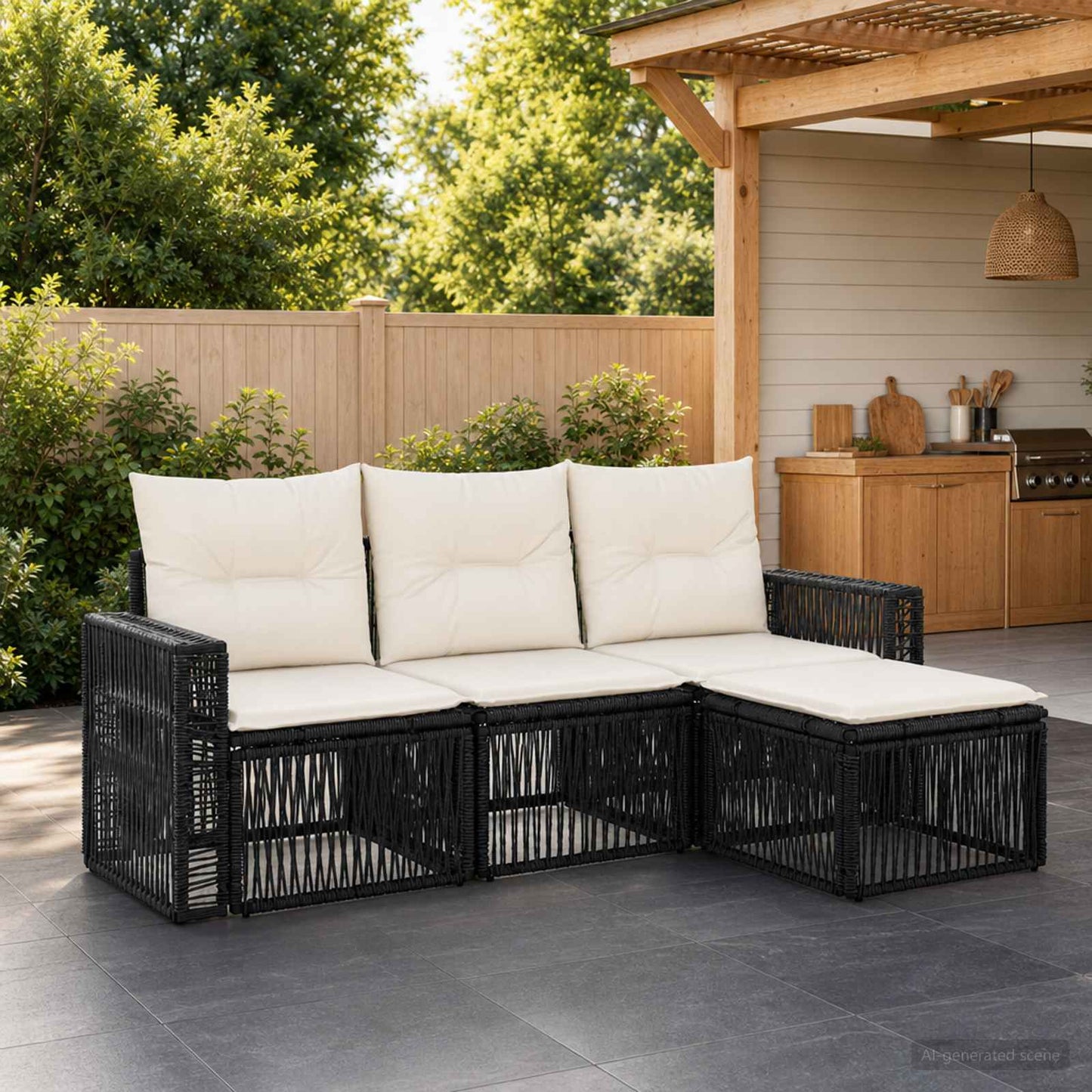 Gartensofa-set 4 stk. Schwarz und Cremeweiß Poly-Rattan