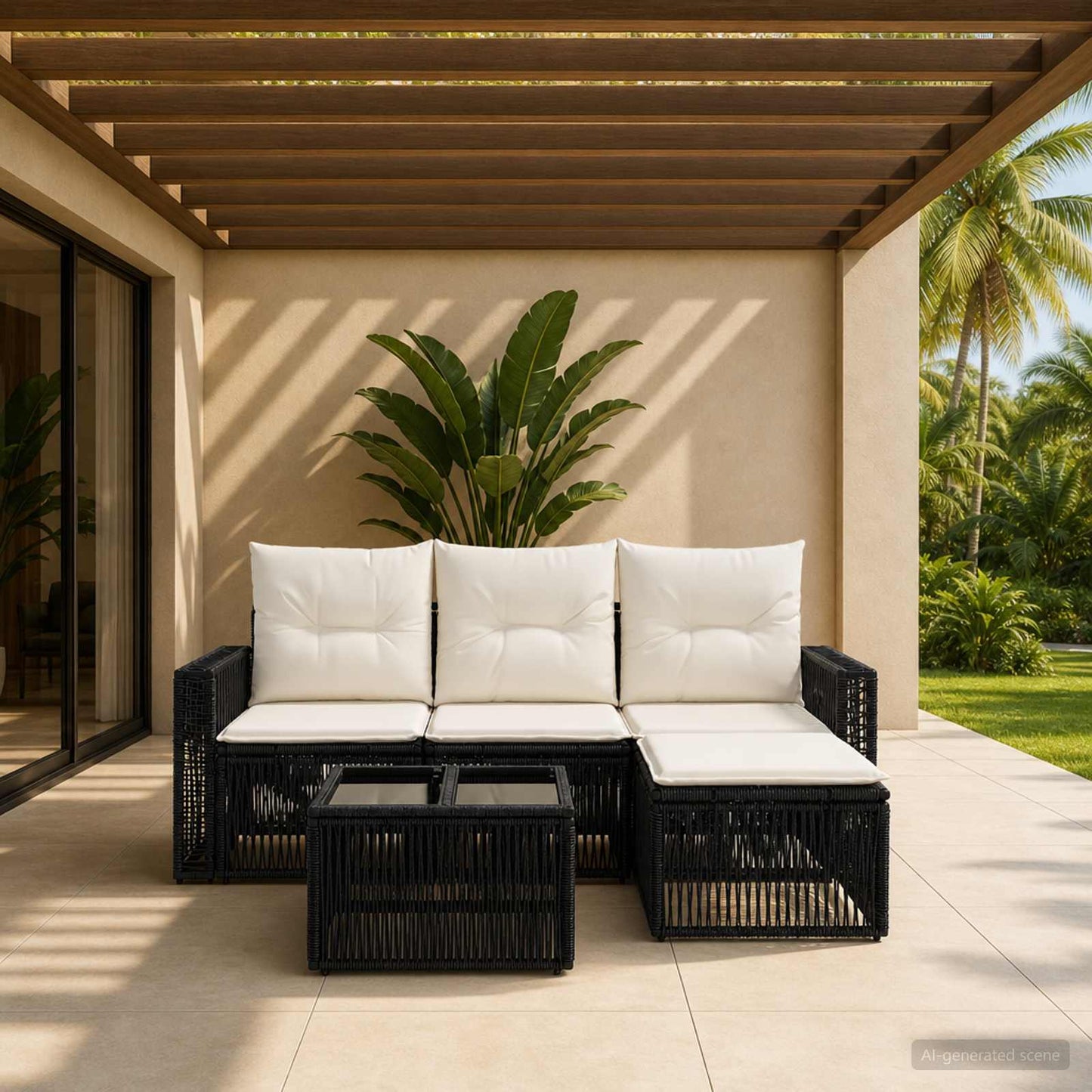 Gartensofa-set 5 stk. Schwarz und Cremeweiß Poly-Rattan