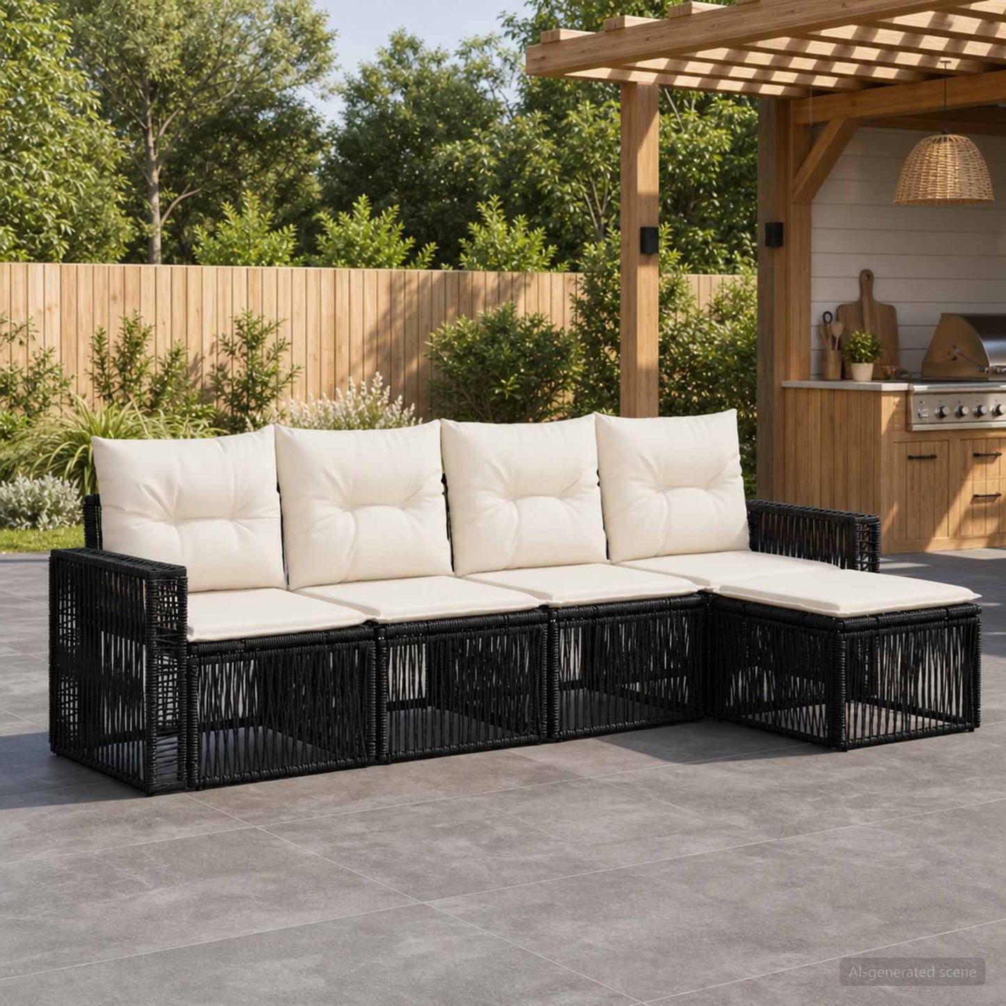Gartensofa-set 5 pcs Schwarz und Cremeweiß Poly-Rattan