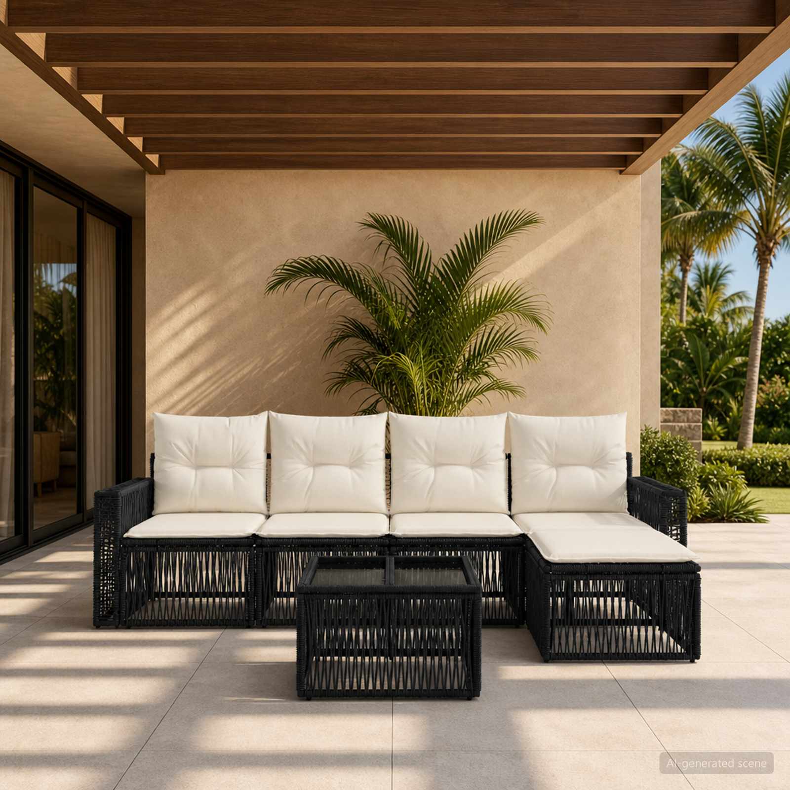 Gartensofa-set 6 stk. Schwarz und Cremeweiß Poly-Rattan