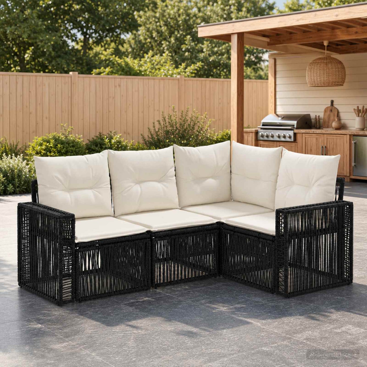 Gartensofa-set 4 stk. Schwarz und Cremeweiß Poly-Rattan