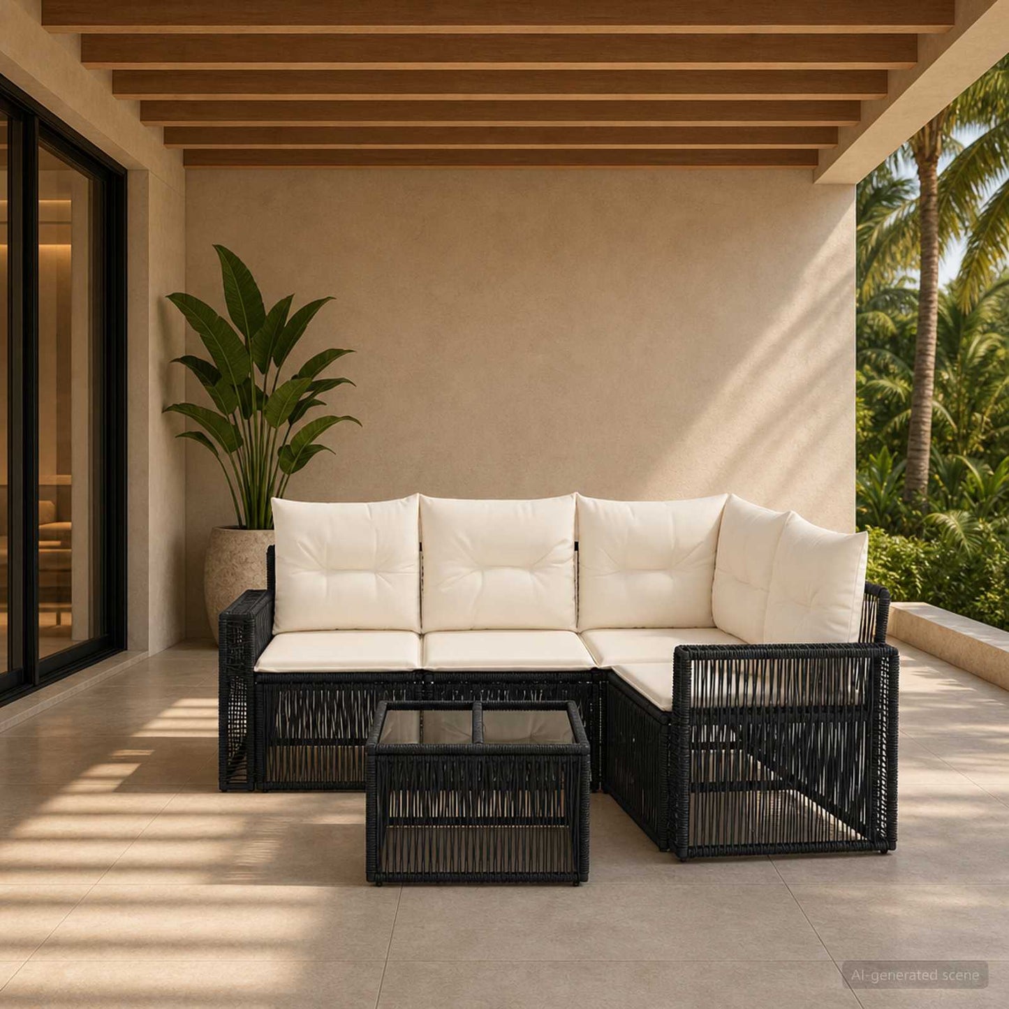 Gartensofa-set 5 stk. Schwarz und Cremeweiß Poly-Rattan