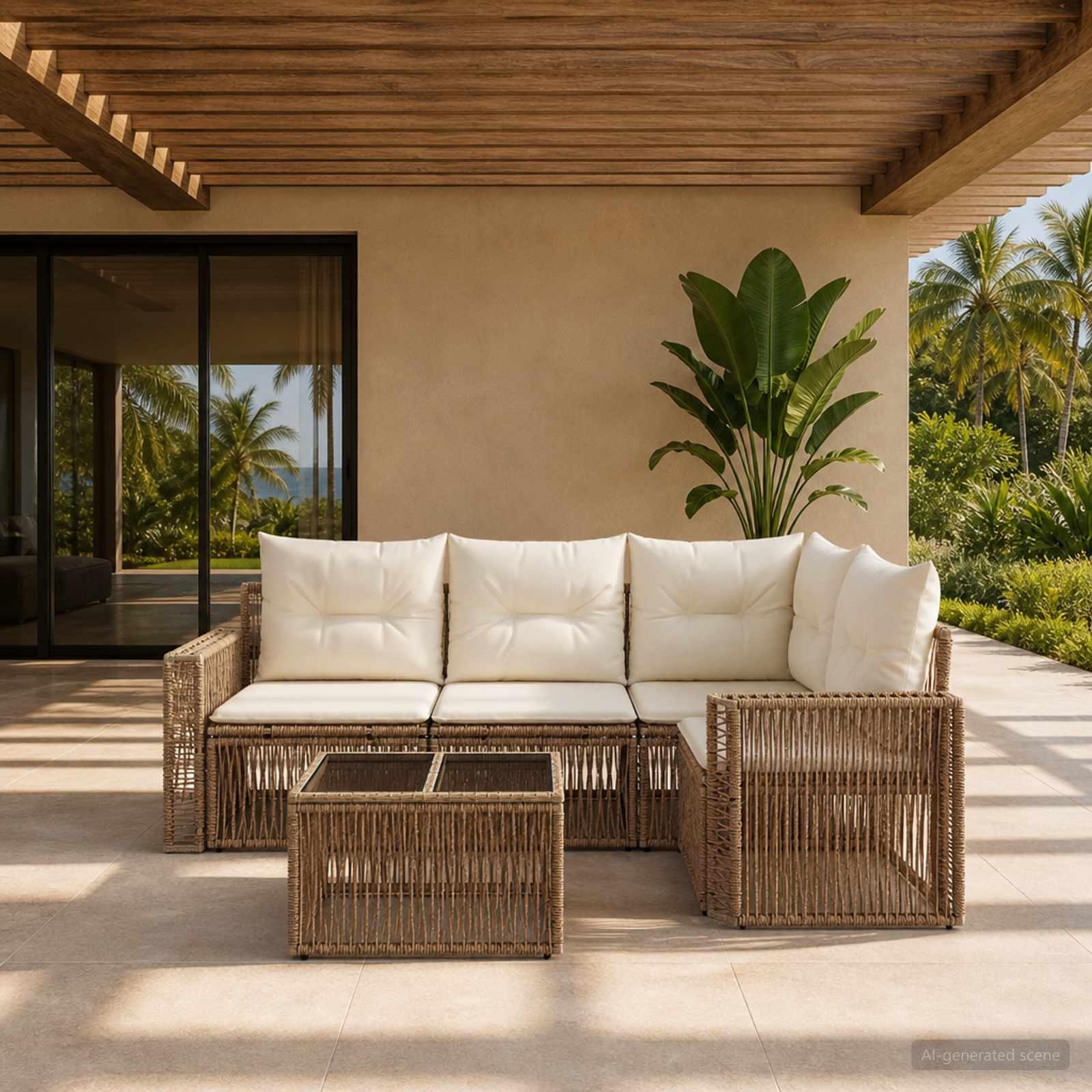 Gartensofa-set 5 pcs Beige und Cremeweiß Poly-Rattan